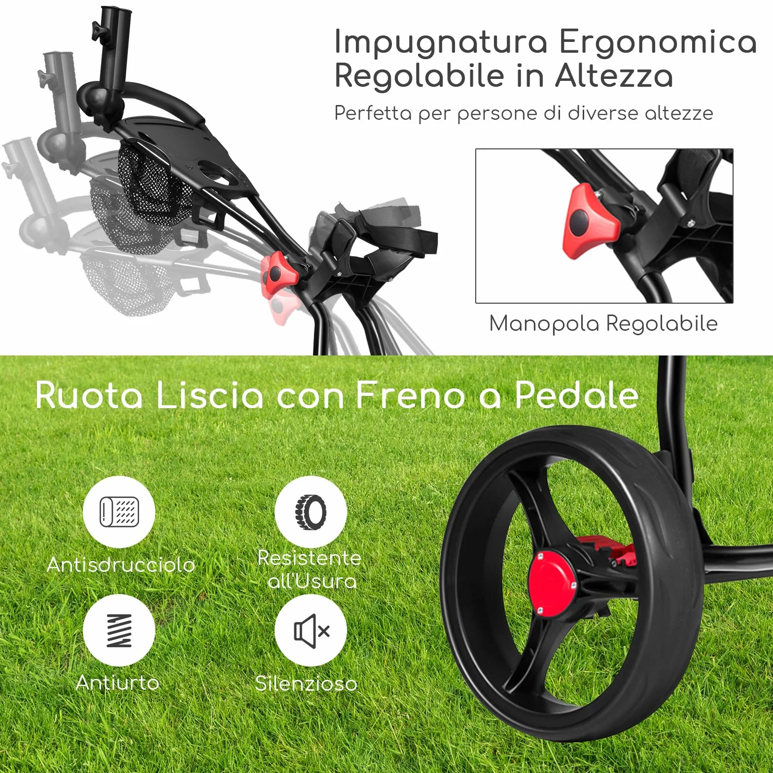 COSTWAY Carrello da Golf Pieghevole a 3 Ruote, Ferro, Maniglia Regolabile TPR, Freno a Pedale