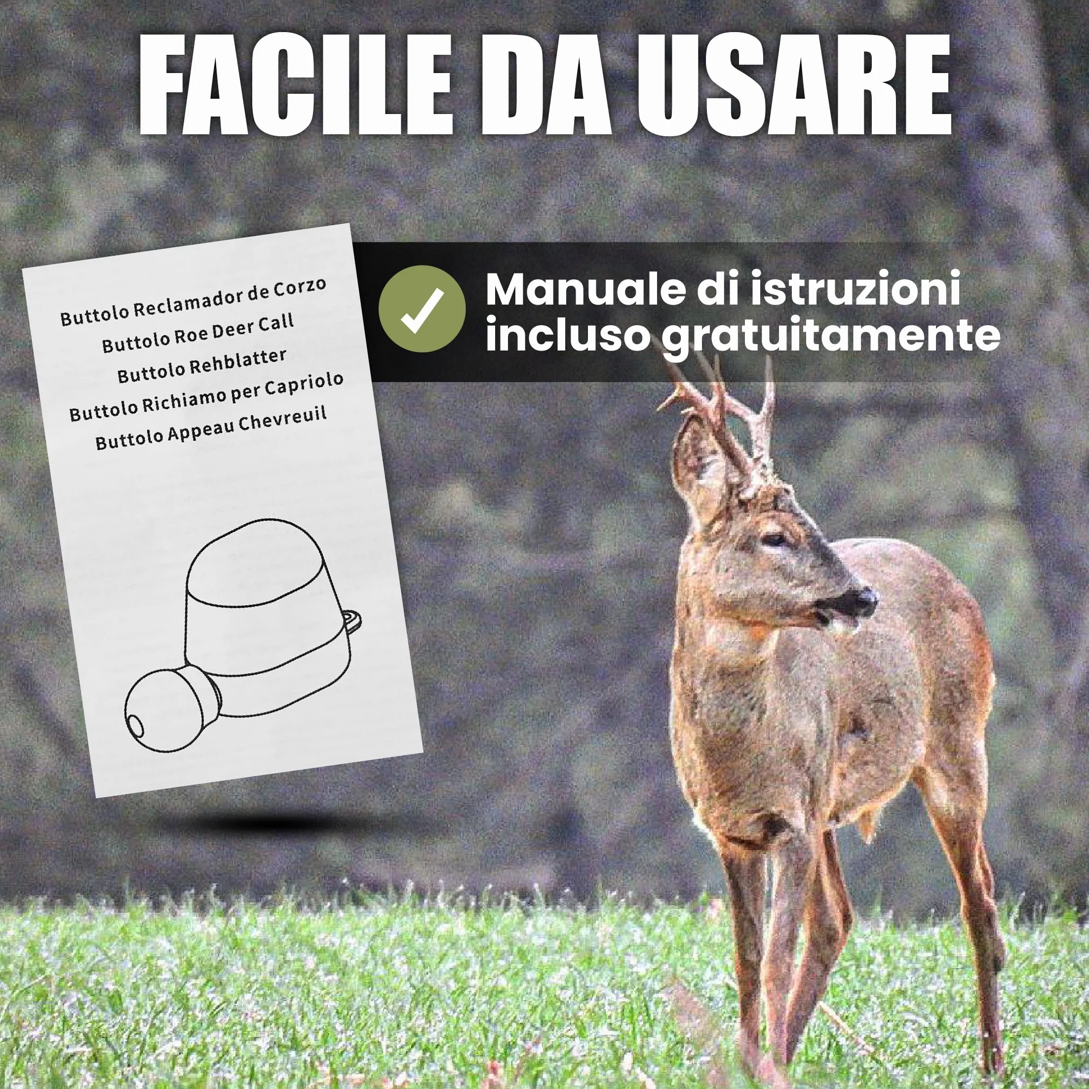 Buttolo Capriolo Originale – Richiamo Efficace per Capriolo Maschio con Corda e Manuale Multilingue