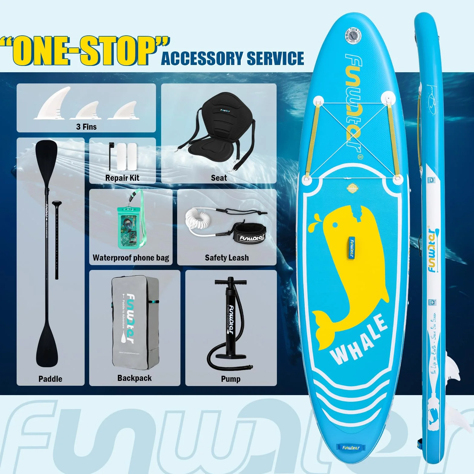 FunWater SUP Tavola da surf gonfiabile completa paddleboard con pagaia regolabile, pompa, zaino, guinzaglio, custodia impermeabile