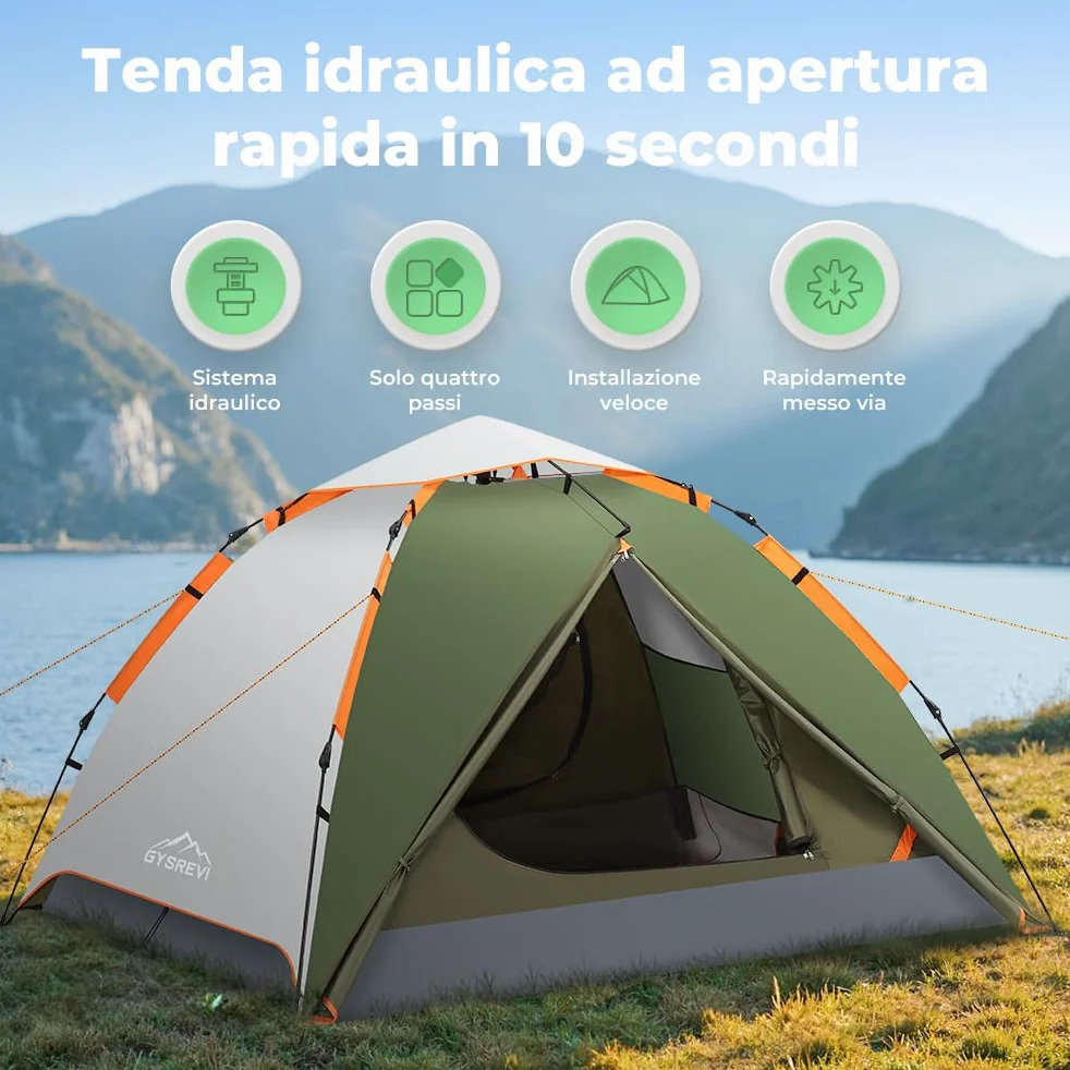 Tenda Campeggio 2-4 Persone Automatica Doppia Porta Anti UV Impermeabile 2 in 1 Interna Esterna