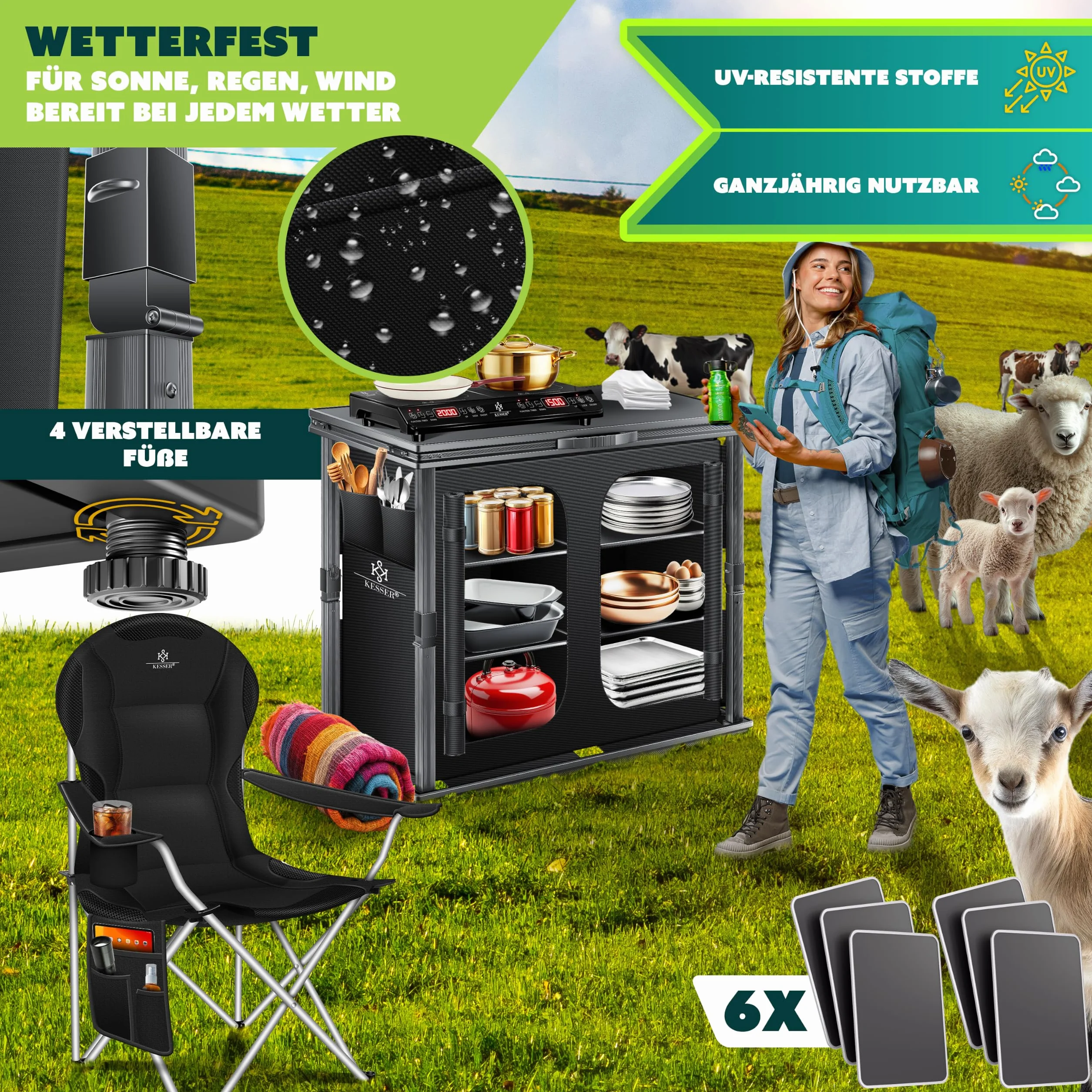 KESSER Mobiletto da campeggio pieghevole in alluminio 84x80 cm 6 scomparti zanzariera UV