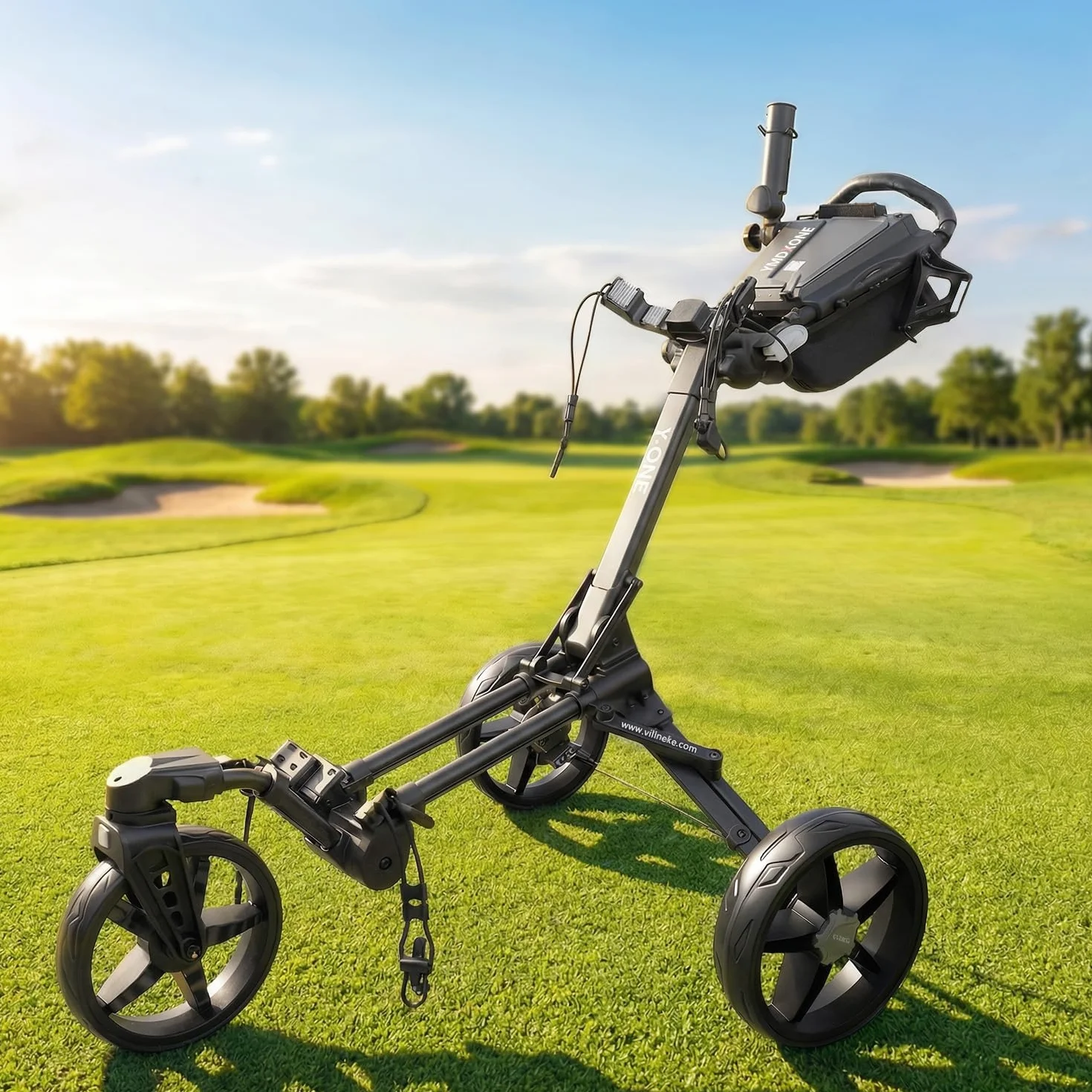 Trolley da golf 3 ruote con ruota anteriore girevole 360° pieghevole vano portaoggetti manico regolabile
