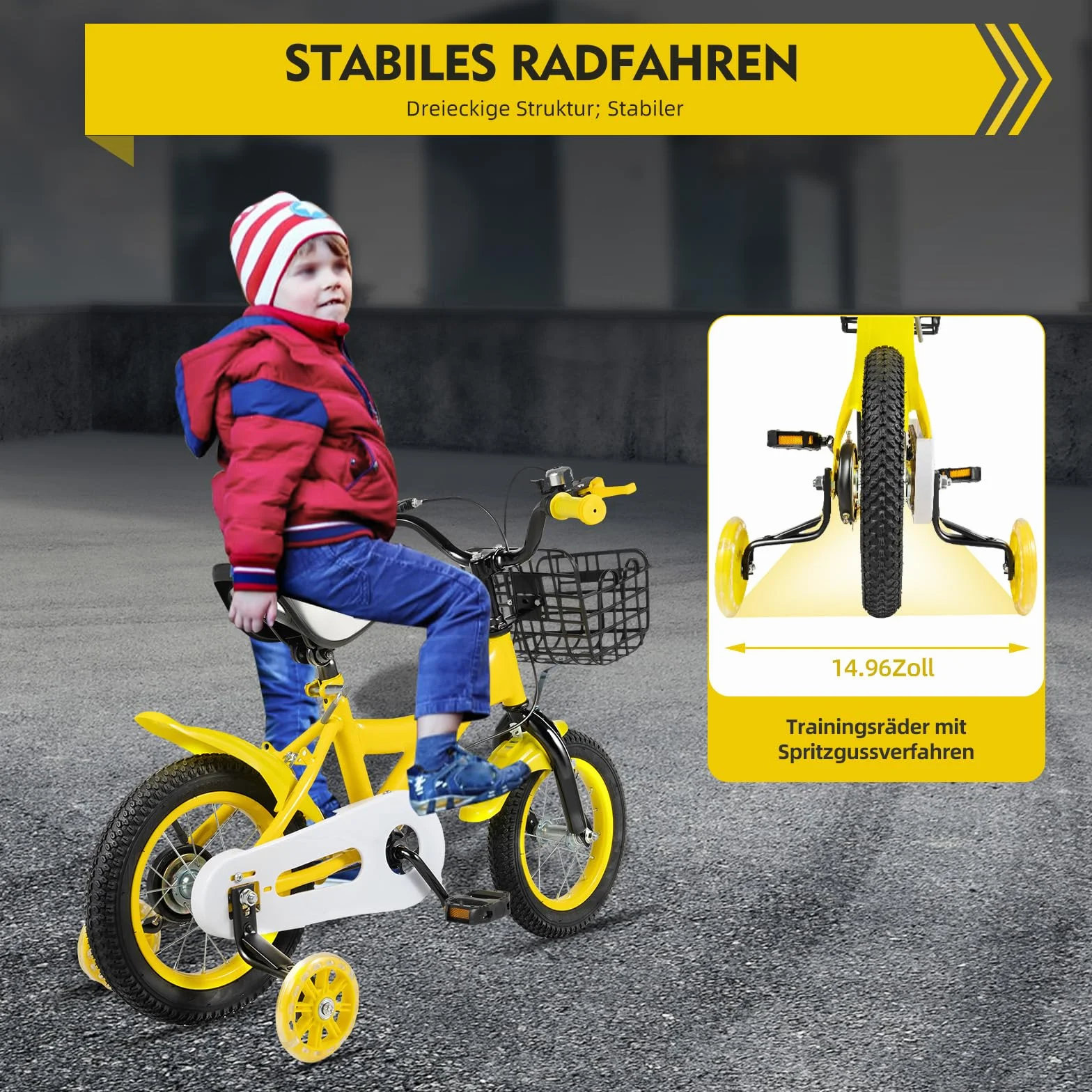 Bicicletta bambini 12 pollici ruote sostegno regolabile altezza cestino campanello