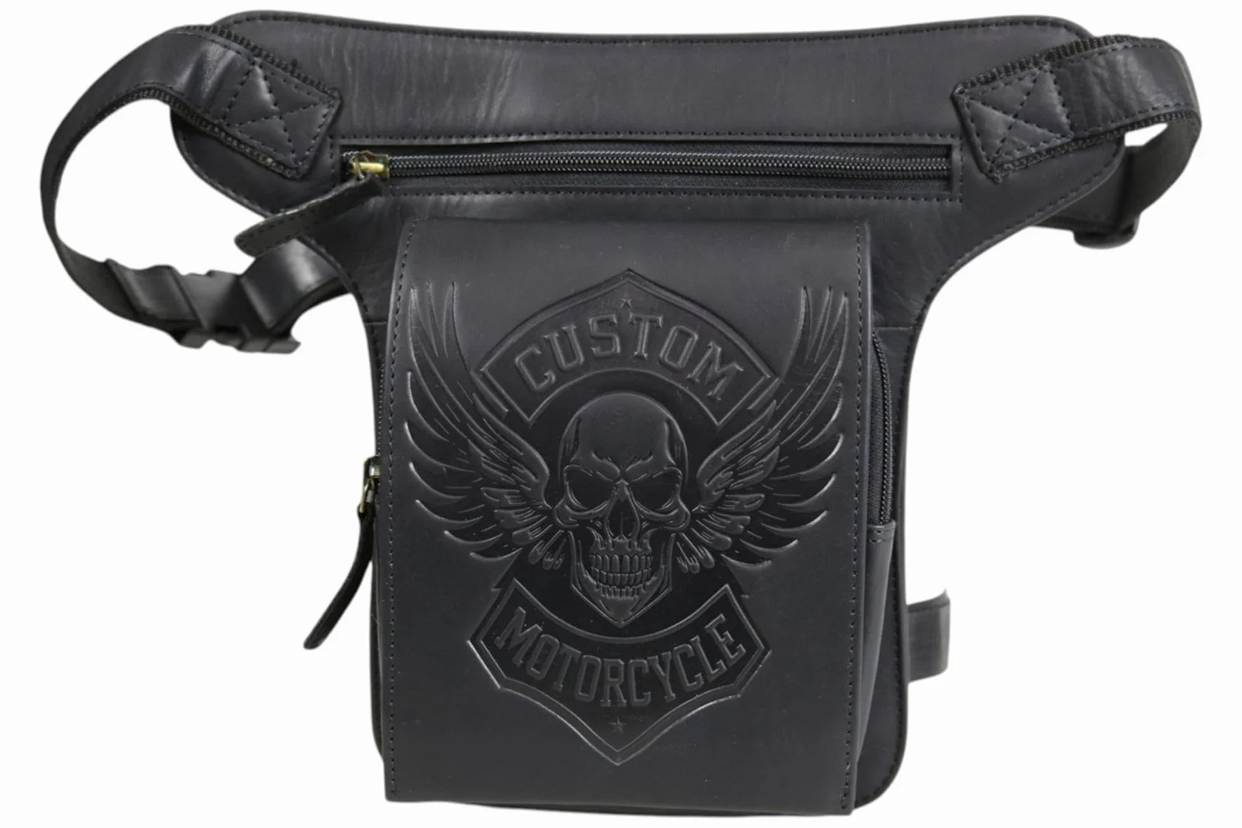 Borsa da gamba moto vera pelle uomo marsupio biker vintage teschio Custom Motorcycle MDM T81 Nero