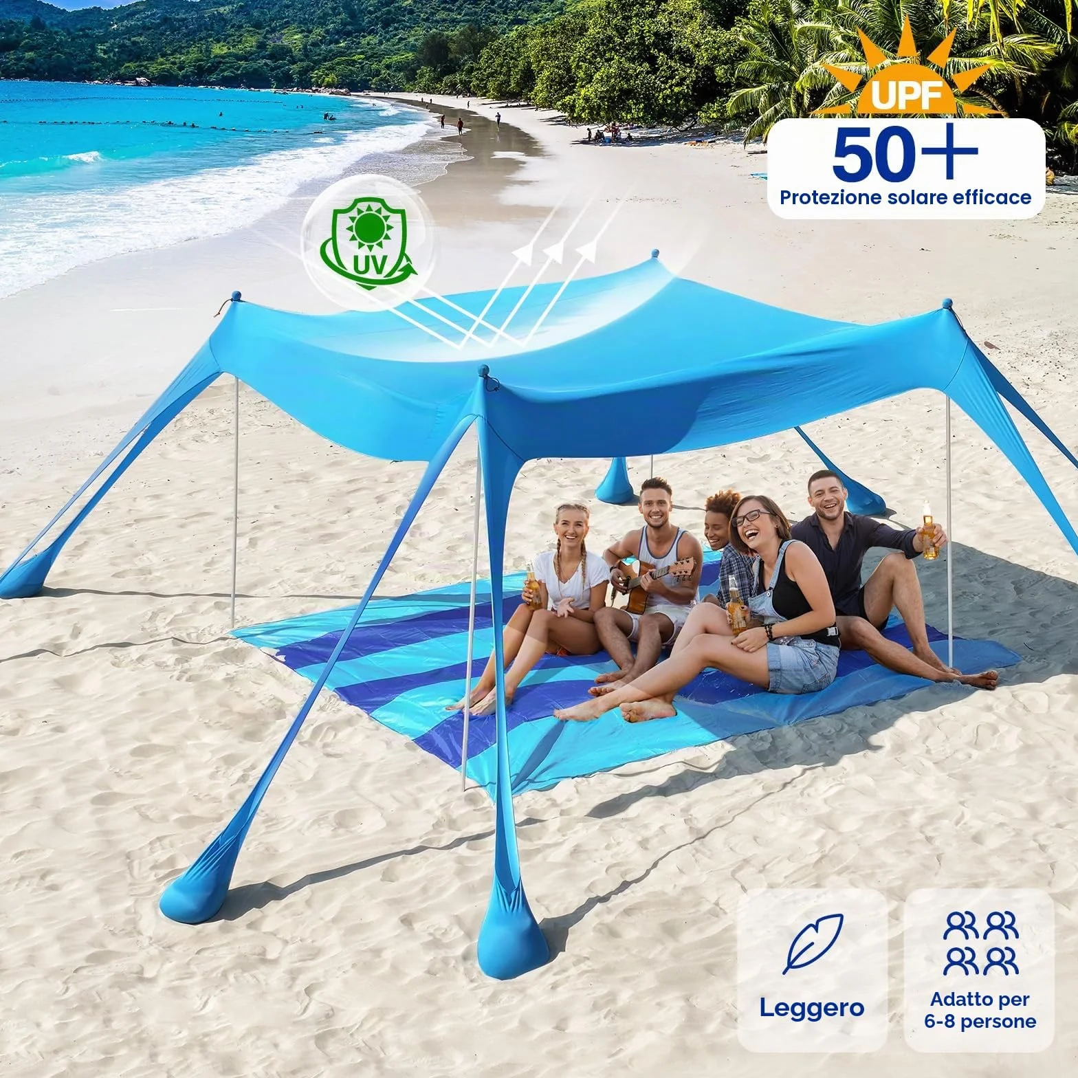 Rhino Valley 3x3m Tenda da Spiaggia Ultra Stabile Portatile, Protezione UV UPF50+ Tenda da Mare Super Antivento con 8 Ancoraggi a Sabbia Riempibili e 4 Aste in Alluminio