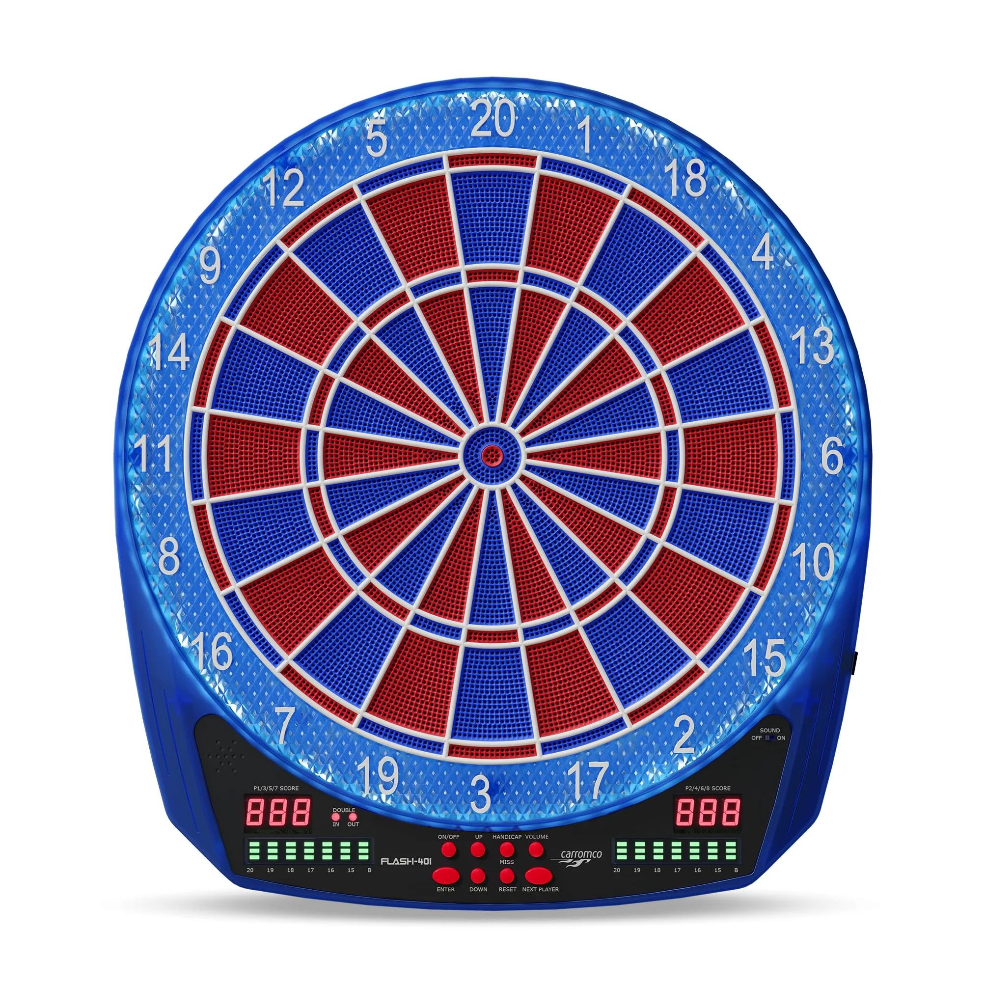 Carromco Freccette elettroniche FLASH-401, distanza a 2 fori, set di freccette fino a 8 giocatori, 35 giochi e 584 varianti, gioco blu, rosso, 42 x 3,2 x 46 cm