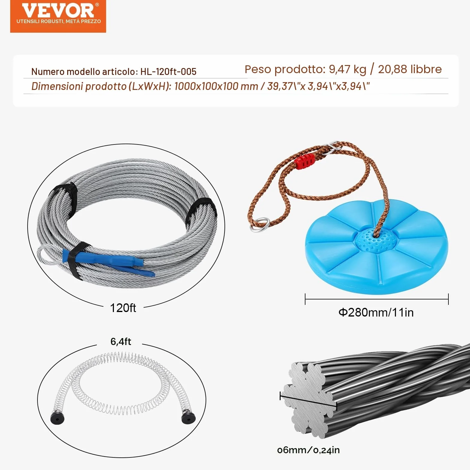 Kit Teleferica VEVOR Zipline 36,58 m Giardino Cortile Parco Attività Esterna Corda Scivolo Corrimano Seduta Carico max 226,8kg Bambini
