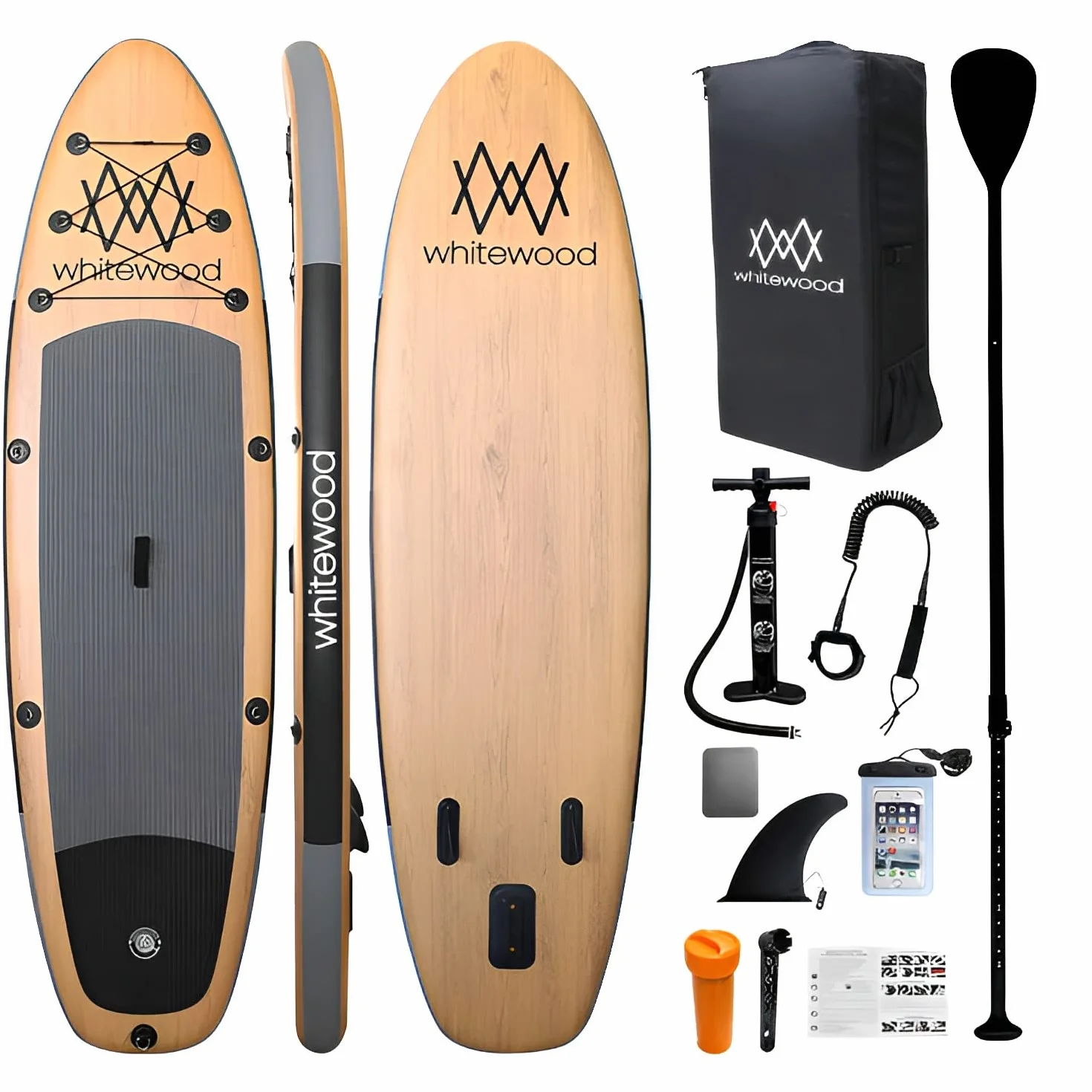 SUP Tavola da Stand Up Paddle Gonfiabile Premium 10-11' 305-335 cm Disegno Legno con Accessori Pagaia Pompa Zaino Borsa Impermeabile 200 kg 2-3 Persone