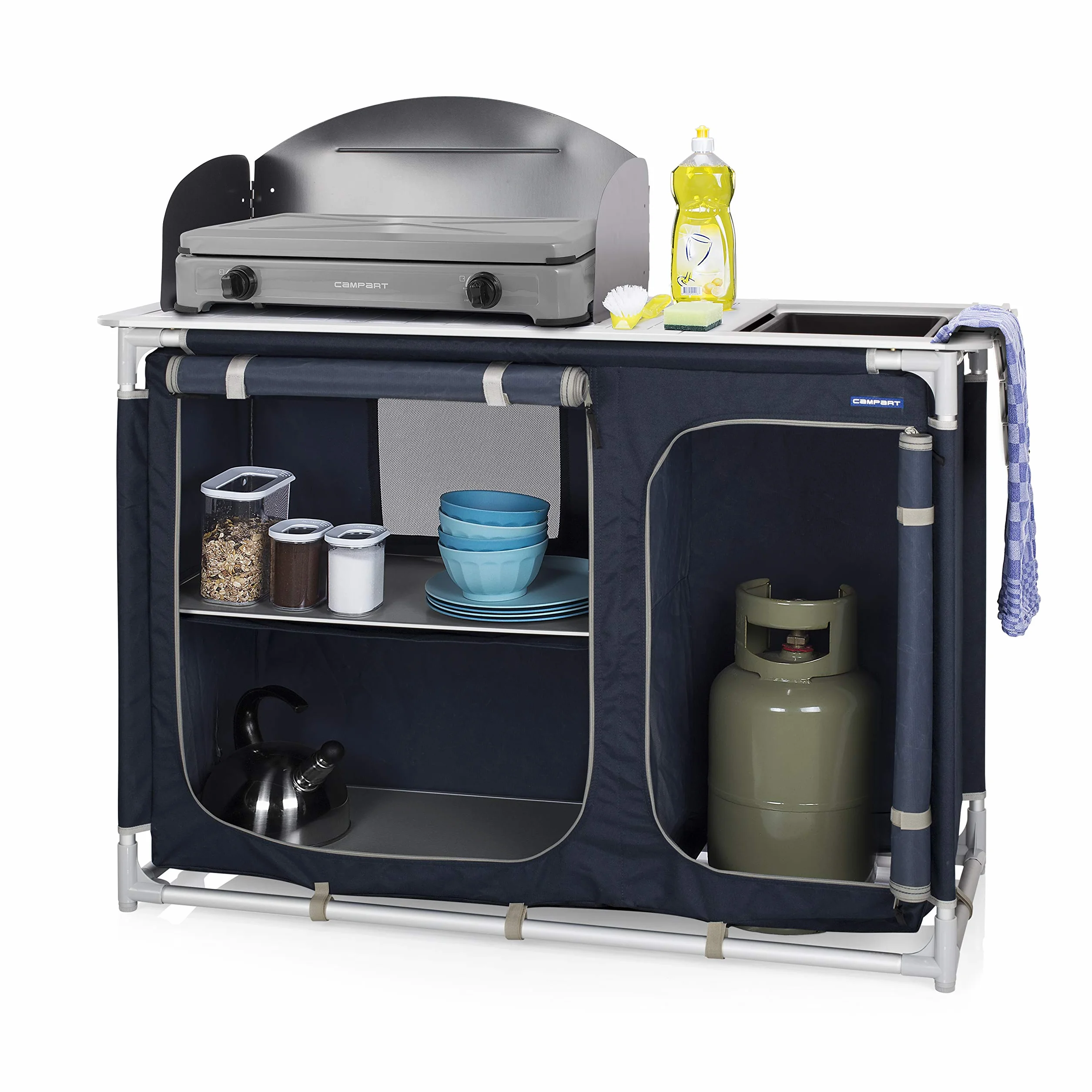 Campart Cucina da campeggio con lavandino e paravento KI-0753 Blu