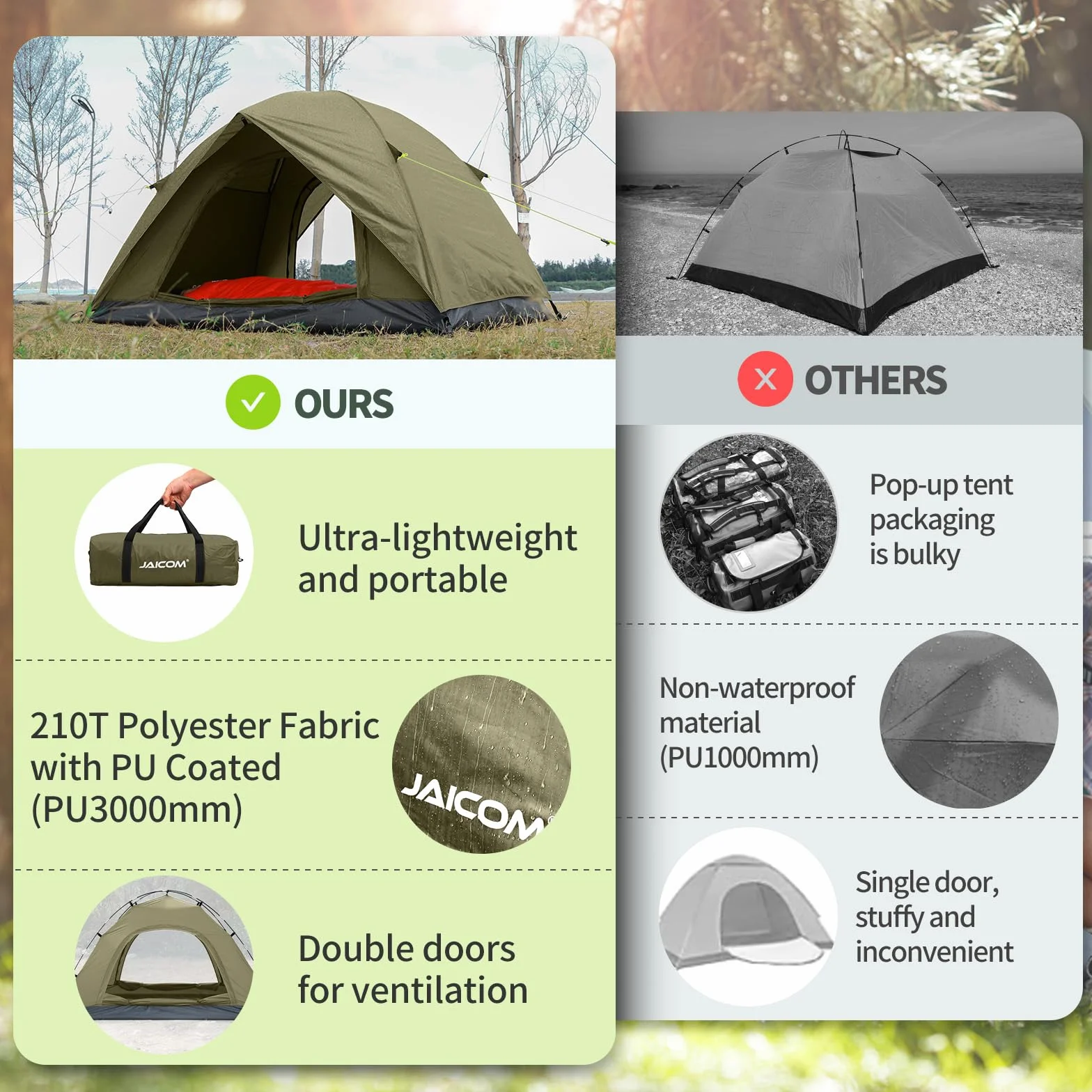 JAICOM Tenda Campeggio Ultraleggera 3-4 Stagioni Anti UV Impermeabile Doppia Porta