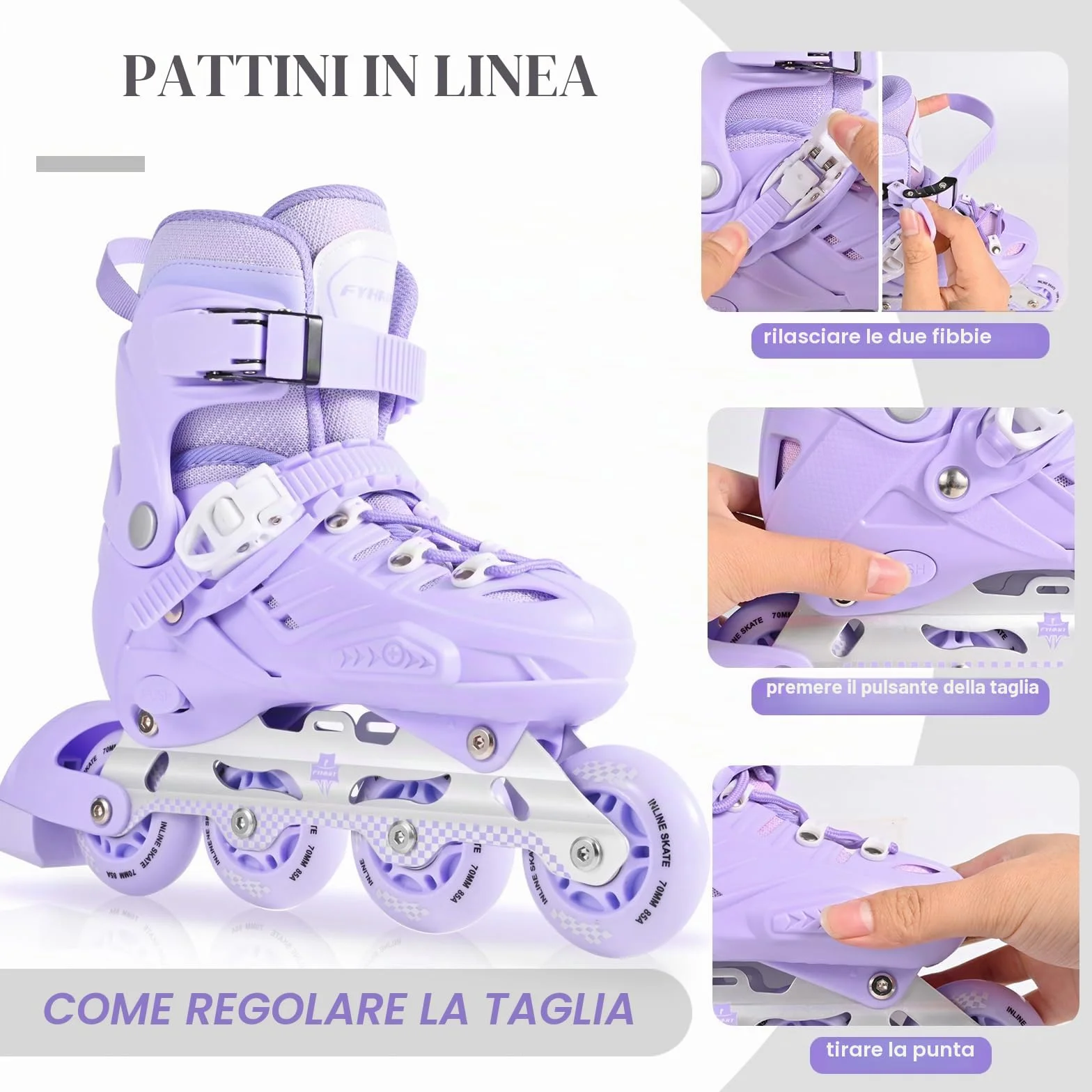 Pattini in Linea per Bambini, Telaio in Alluminio, Misura Regolabile, Viola