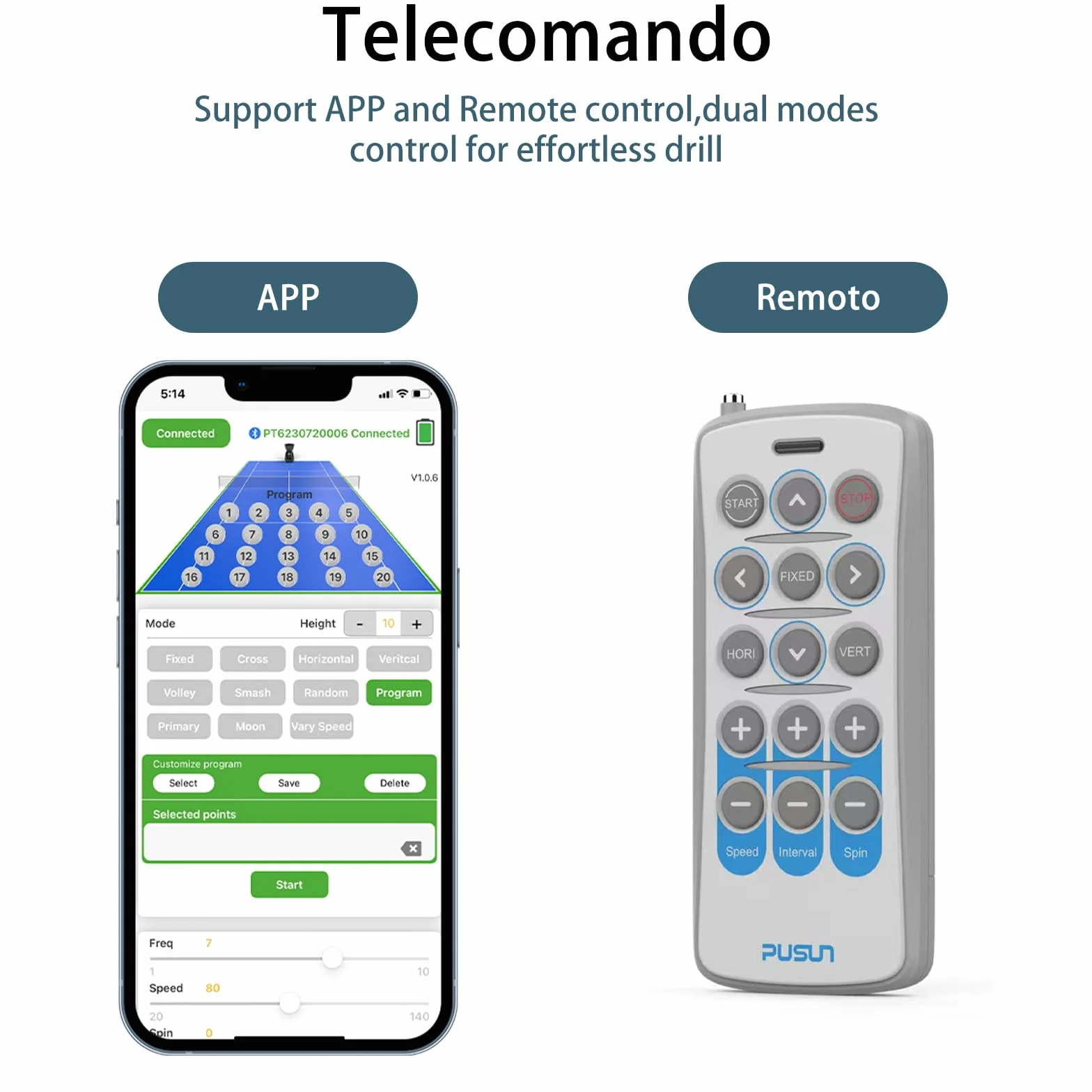 PT-Smart Macchina per palline da tennis con app telecomando Lanciatore elettronico portatile Batteria 4-6 ore Oscillazione Topspin Backspin
