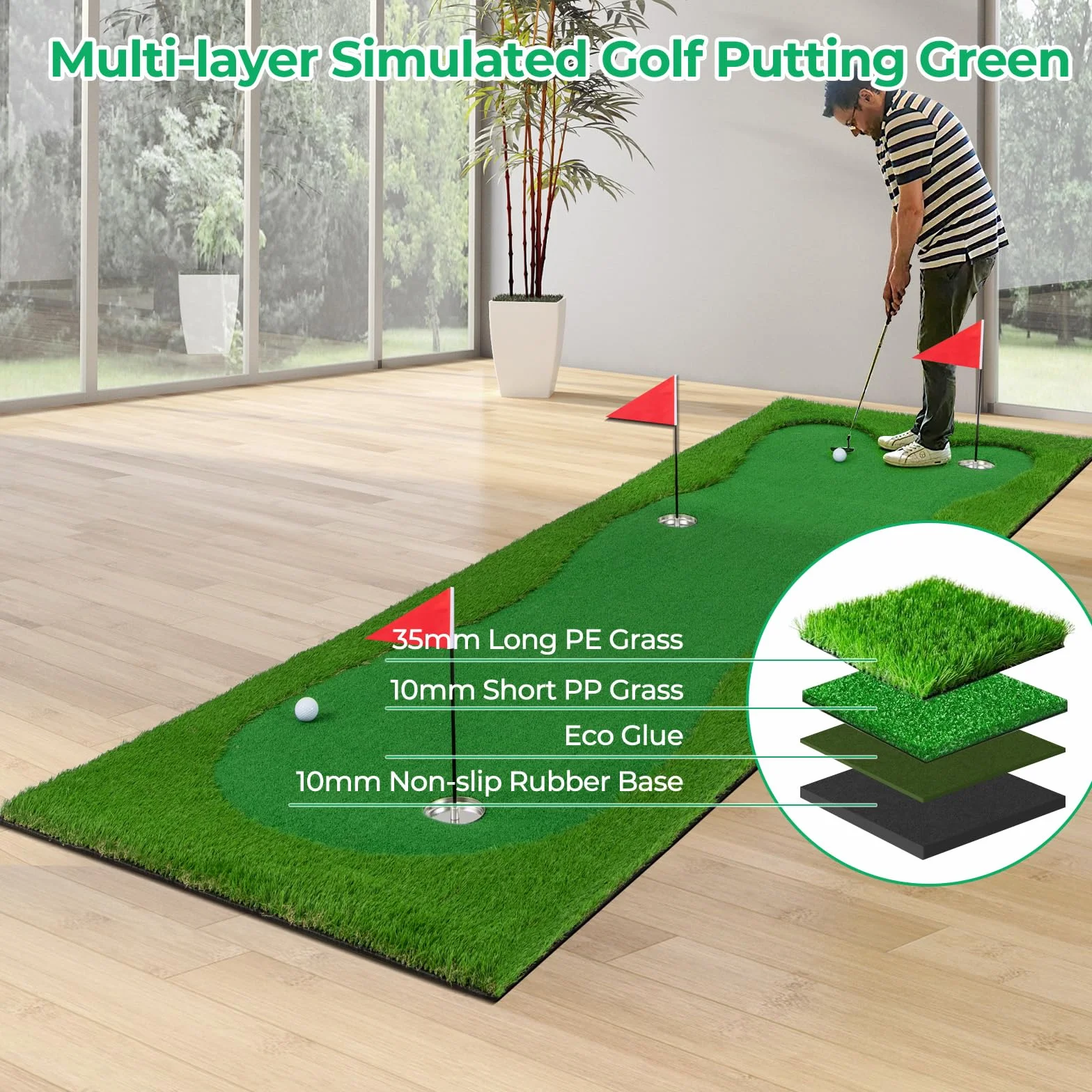LIFEZEAL Tappetino da Golf Professionale 3 x 1 m Pieghevole con Palline e Fori