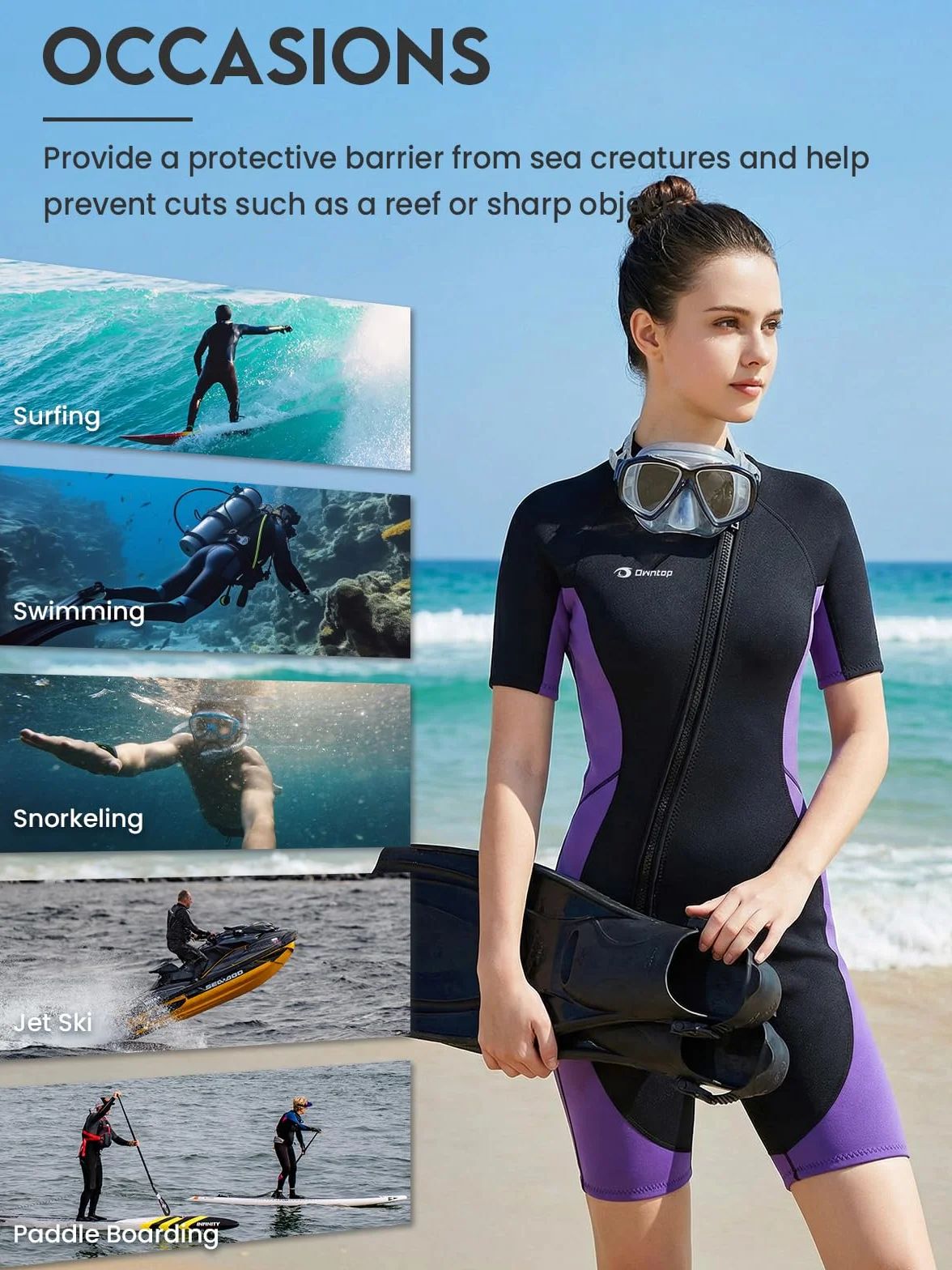Owntop Muta da donna Shorty 3 mm Neoprene con cerniera frontale per surf nuoto immersioni triathlon