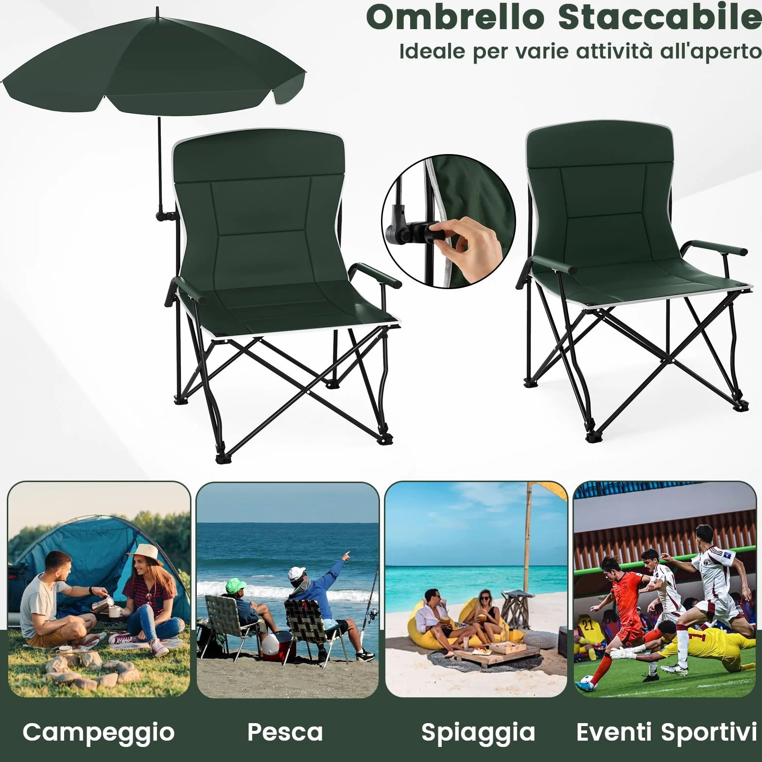 COSTWAY Sedia da Campeggio con Ombrello Regolabile, Portata 160 kg