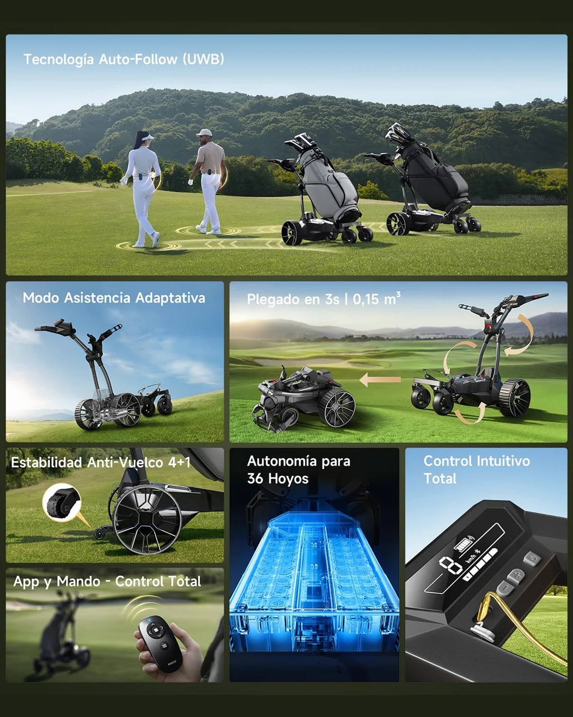 NAVEE Birdie 3 Carrello da Golf Elettrico Telecomandato Follow-Me UWB Autonomia 36 fori Doppio motore 240W*2 Pieghevole 4+1 Ruote All Terreno