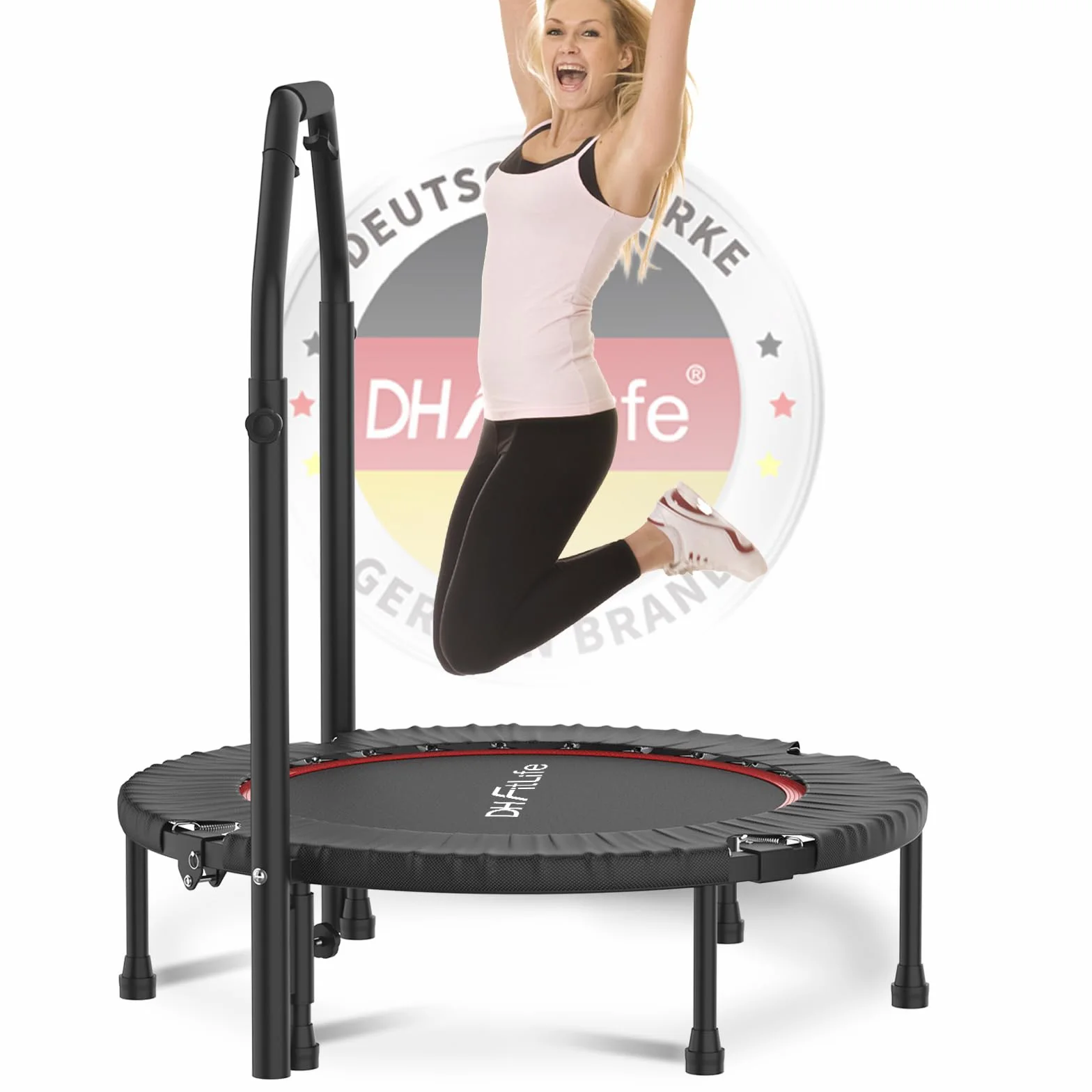 DH FitLife Trampolino Fitness Pieghevole per Interni senza Installazione | Ø 102 cm 40 Pollici Mini Trampolino | Portata 150 kg | Manico Regolabile a 4 Livelli | Stabile e Resistente