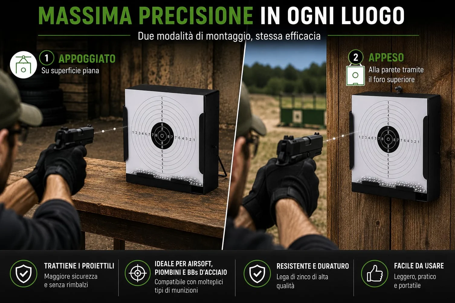 Supporto per bersagli in acciaio 14x14 cm per Airsoft, Airgun, pellet - Nero