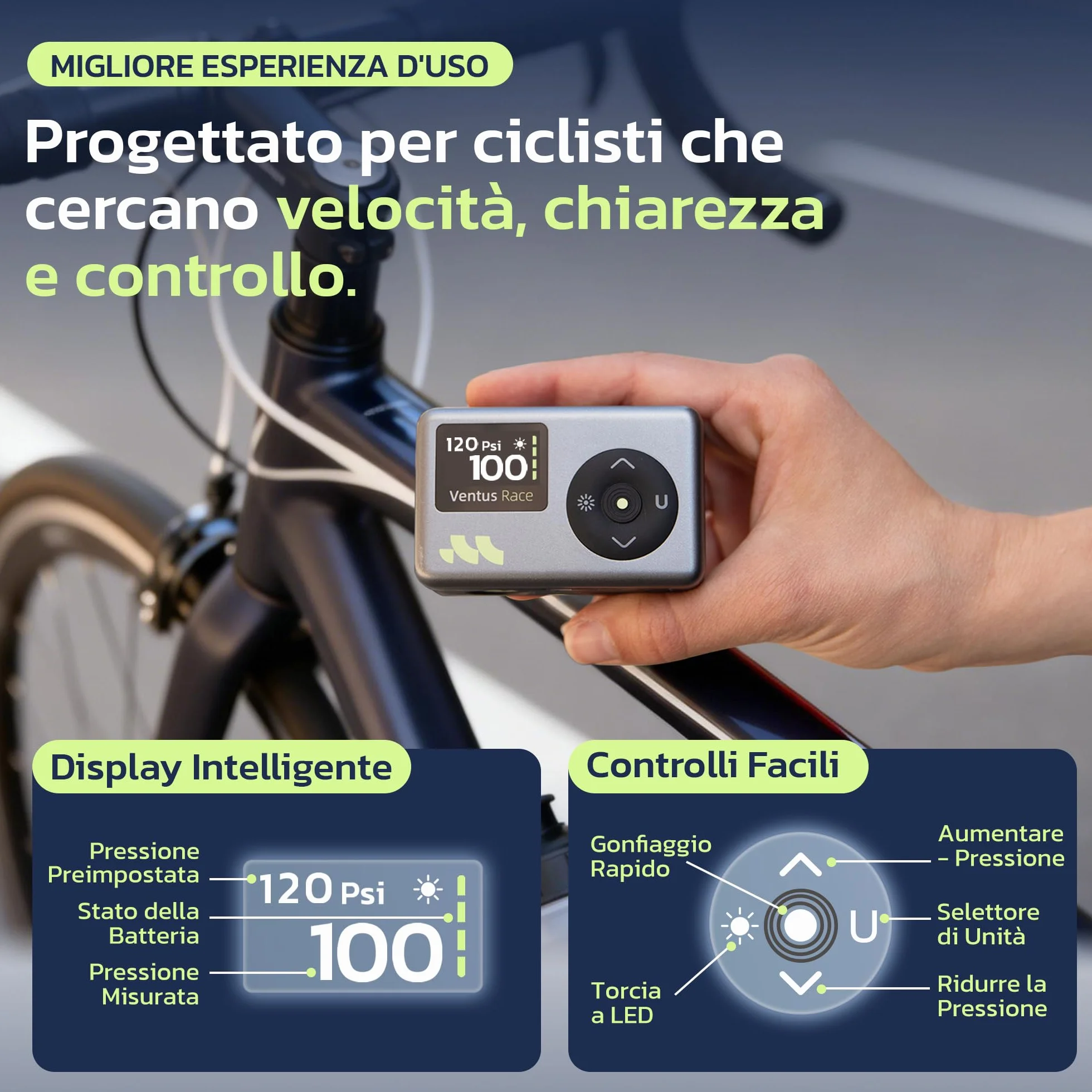 Woowind Pompa Per Bicicletta 120 PSI, Mini Compressore Portatile, Gonfiaggio Rapido 50s, Valvole Presta Schrader per MTB E-bike