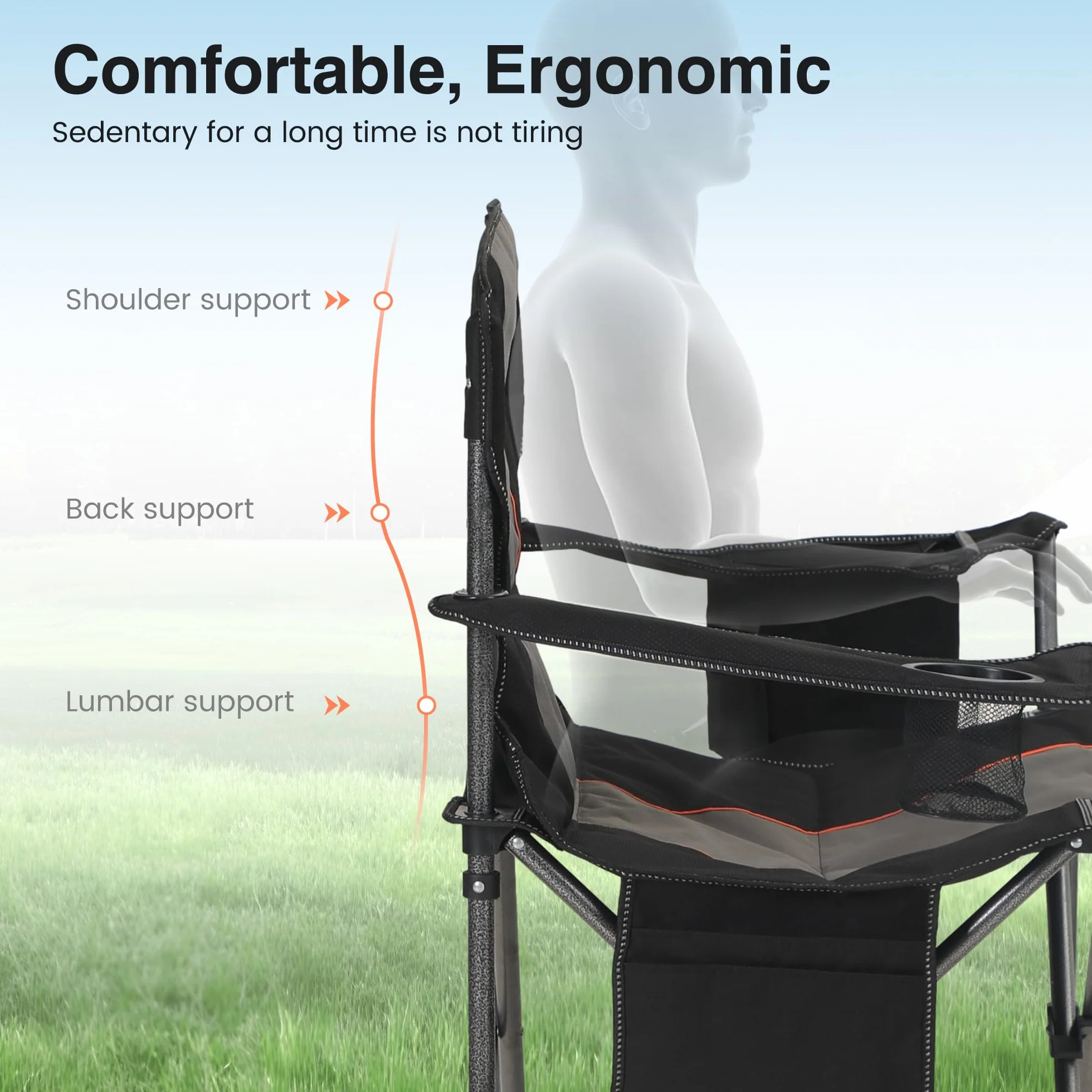 HIGH POINT SPORTS Sedia Pieghevole da Campeggio 200kg Portatile Resistente con Portabicchieri Nero 2 Pezzi