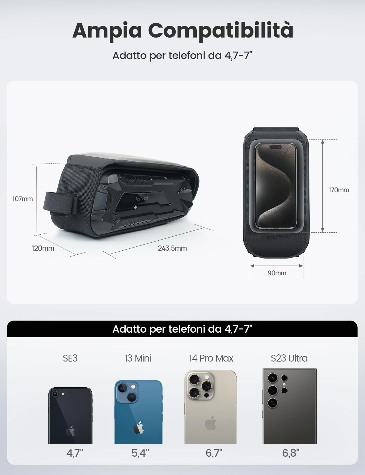 Lamicall Borsa Telaio Bici Impermeabile 1.6 L Capacità, Porta Cellulare Manubrio con Touch Screen TPU per Smartphone Fino a 7"