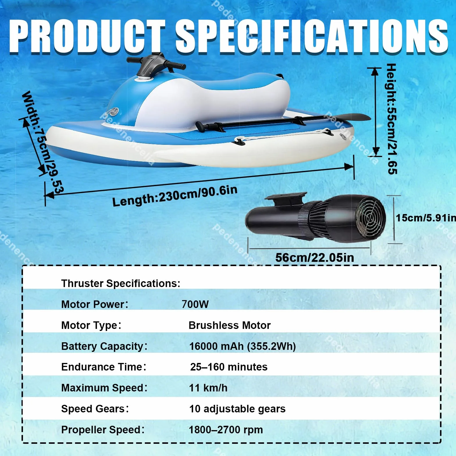 Moto d'Acqua Gonfiabile Elettrica 3-in-1 700W Brushless 200kg 7-11 km/h 10 velocità Telecomando