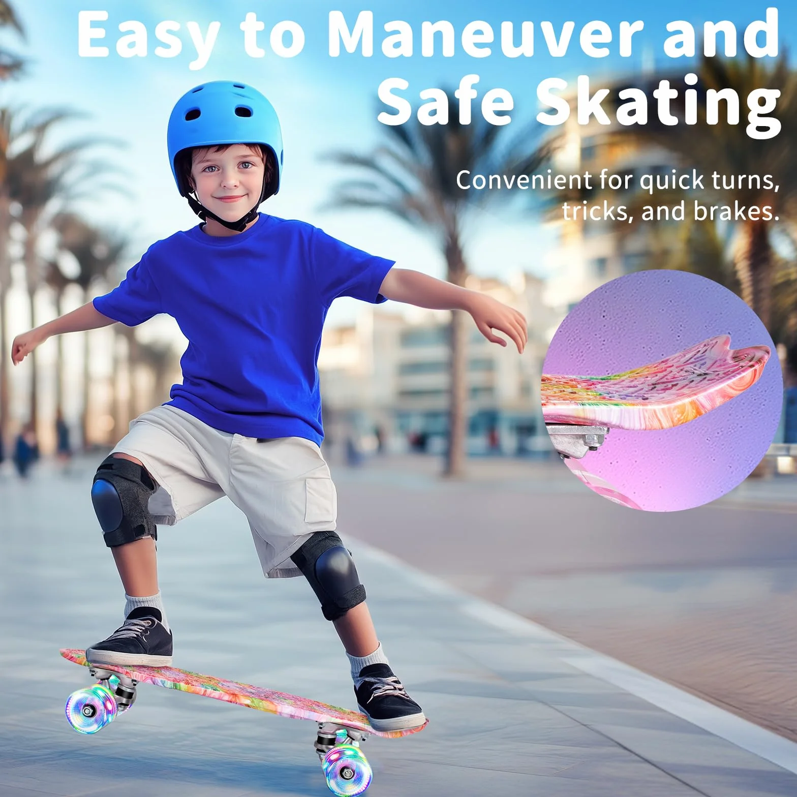 BELEEV Skateboard Cruiser da 55,9 cm per bambini, ragazzi, adolescenti, adulti, principianti, ruote luminose a LED, mini skateboard classico completo con attrezzo a T, carico massimo 99,8 kg