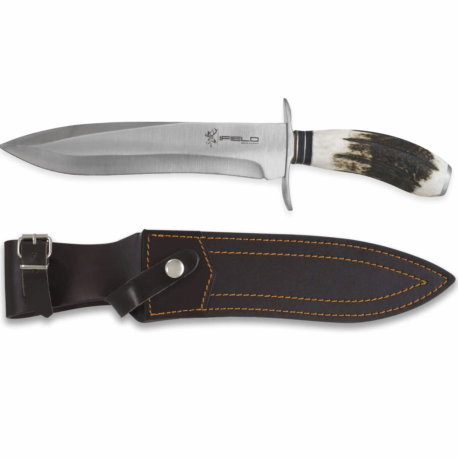 iFIELD EL29012 Coltello multifunzionale per la caccia, la sopravvivenza e le escursioni all'aperto, acciaio inossidabile 7Cr17 e corno di cervo con distanziali in pelle