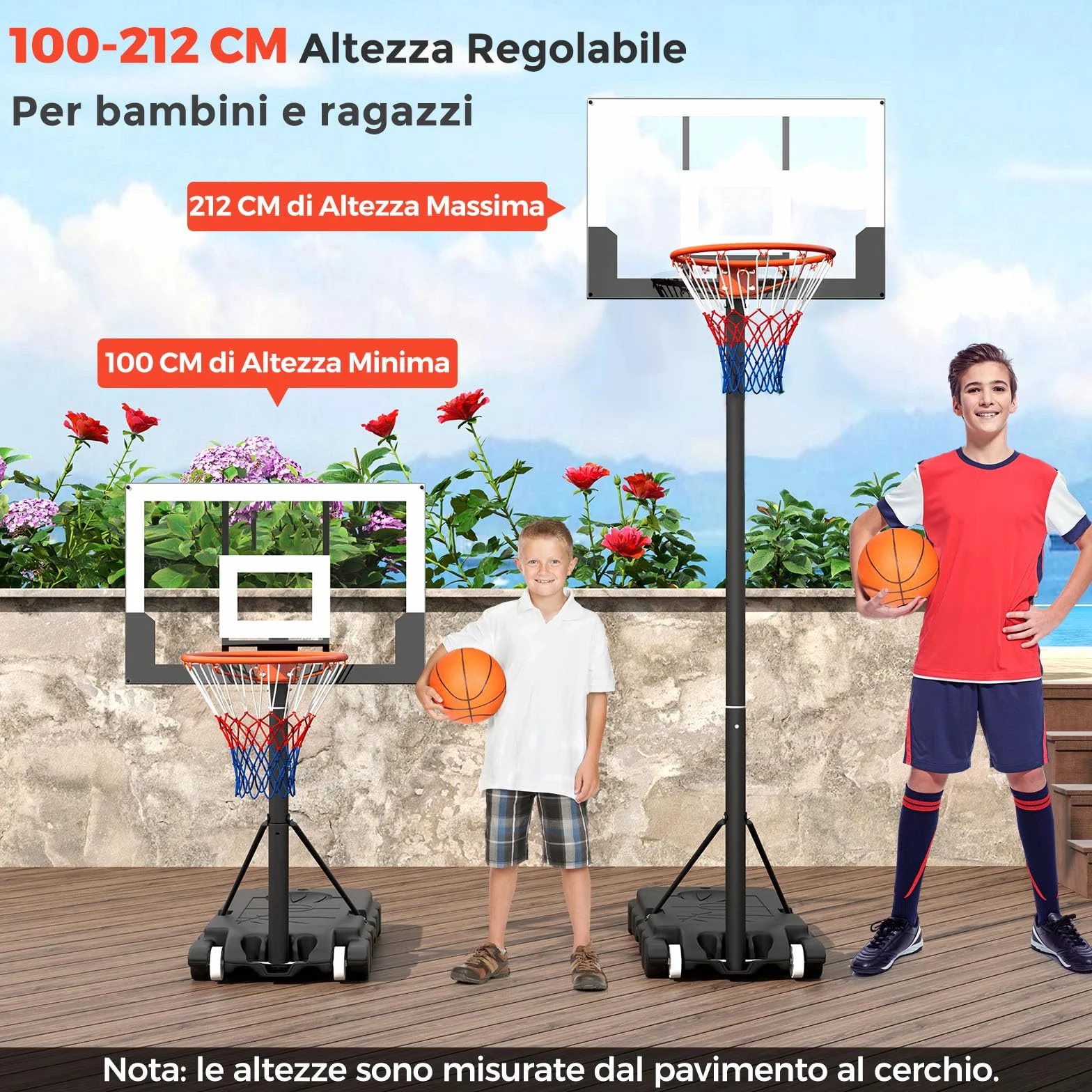 COSTWAY Canestro da Basket Regolabile 100-212 cm, Portatile con Tabellone in PC, Base Riempibile e Ruote