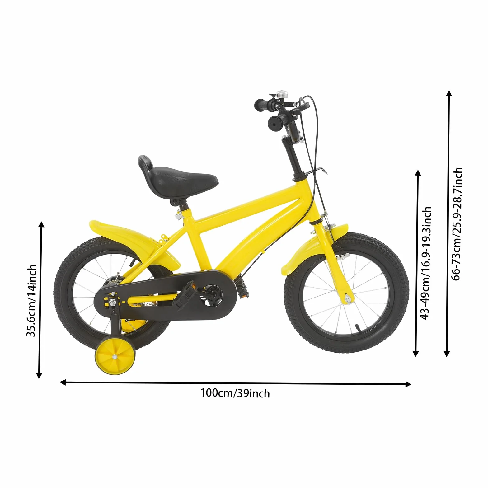 Bicicletta per bambini 14 pollici con ruote di supporto e parafanghi, freno doppio, altezza regolabile 43-49 cm