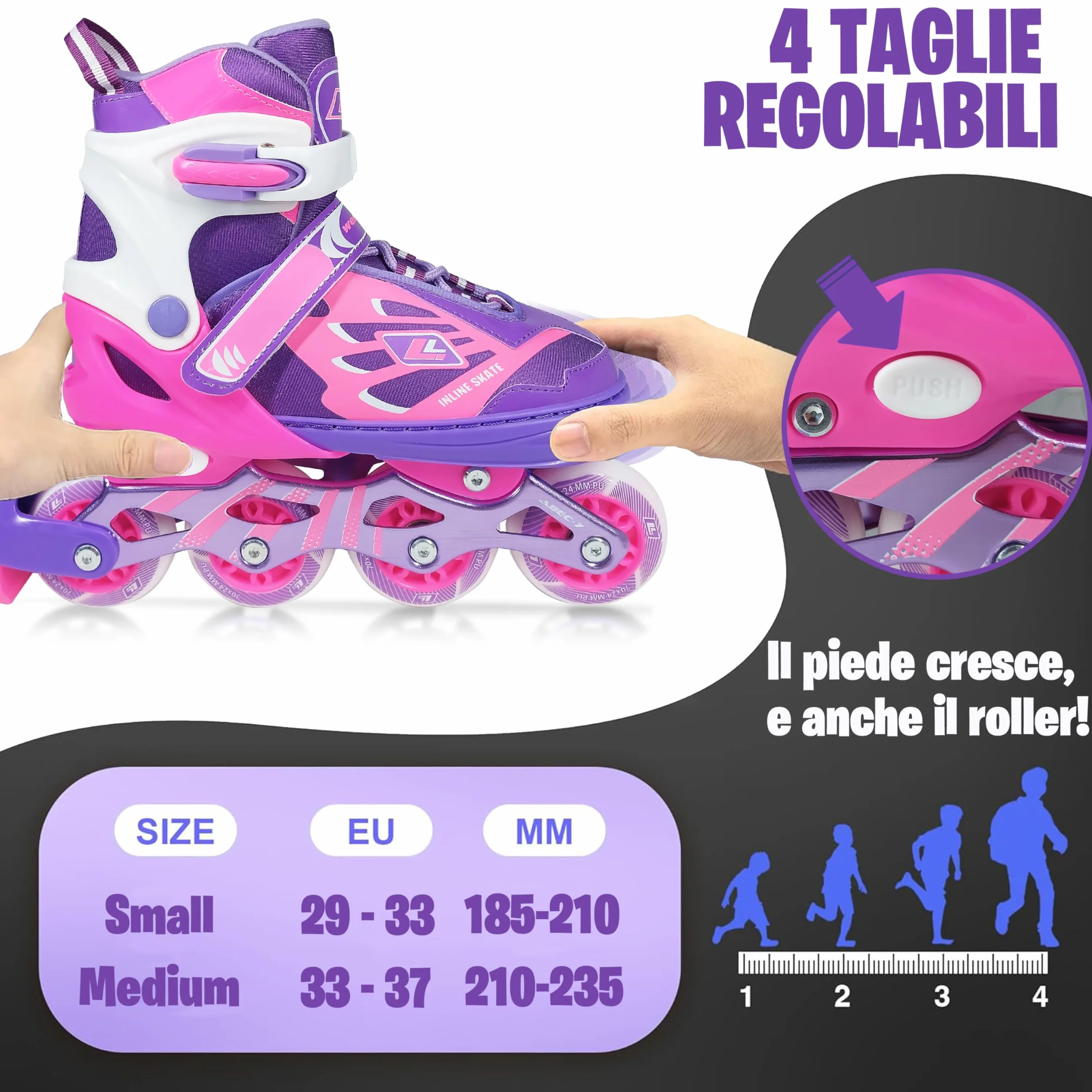 WeLLIFE SK-Line Pattini in Linea Bambini Regolabili 4 Misure con Ruote LED Bianco, Pattini Bambino e Bambina Guscio Rigido Telaio Alluminio Borsa Taglie 29-37