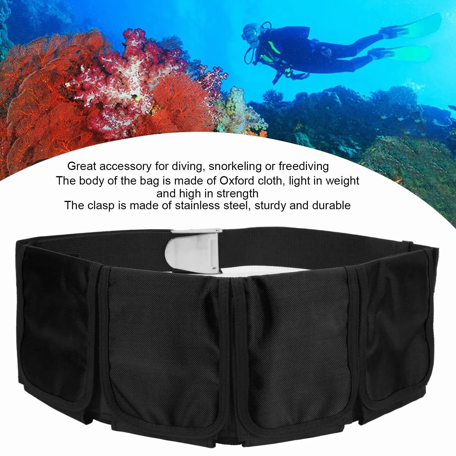 Cintura con Piombi da Sub in Tessuto Oxford 4 Tasche Fibbia Sgancio Rapido Regolabile per Immersioni Snorkeling Apnea