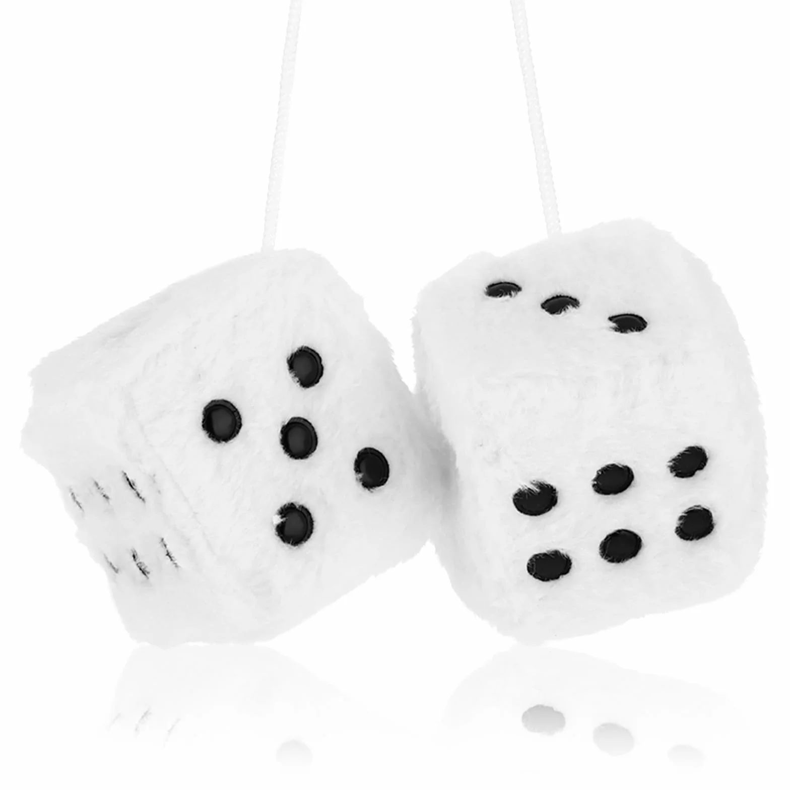Telooco Dadi soffici bianchi per auto 1 paio di accessori per dadi in peluche per specchietto retrovisore retrò, decorazioni quadrate appese per auto per donne (2,36 pollici)