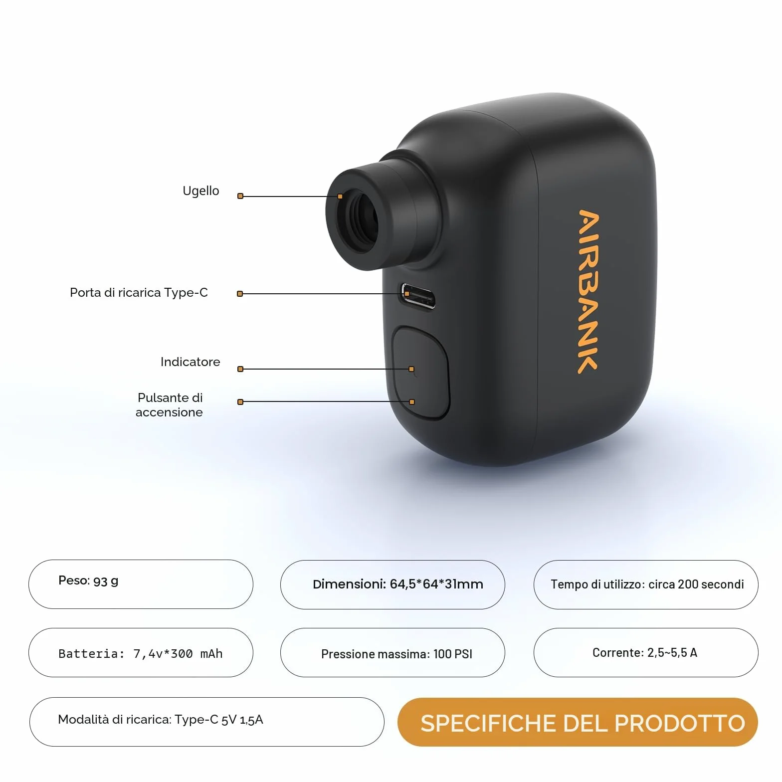 AIRBANK Mini Pompa per Bici Pocket SE, Pompa ad Aria Portatile 100 PSI per Bicicletta Elettrica con Batteria Ricaricabile