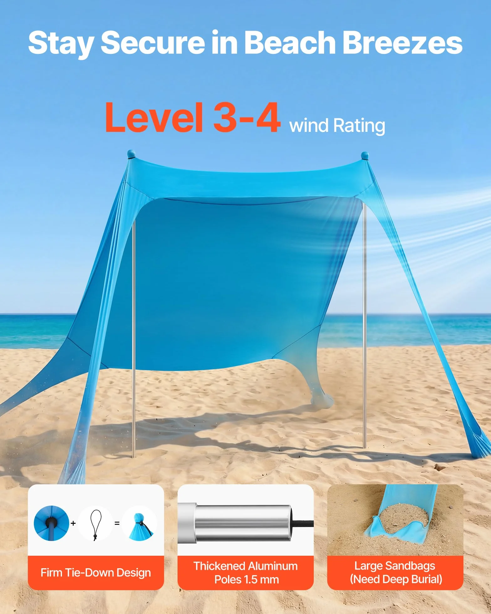 VEVOR Tenda Parasole Portatile da Spiaggia per Esterno Protezione Solare UPF50+ 2,3 x 2,3 x 2 m, Parasole da Spiaggia con Pali di Supporto Tenda Portatile per Campeggio Viaggio Pesca, Blu