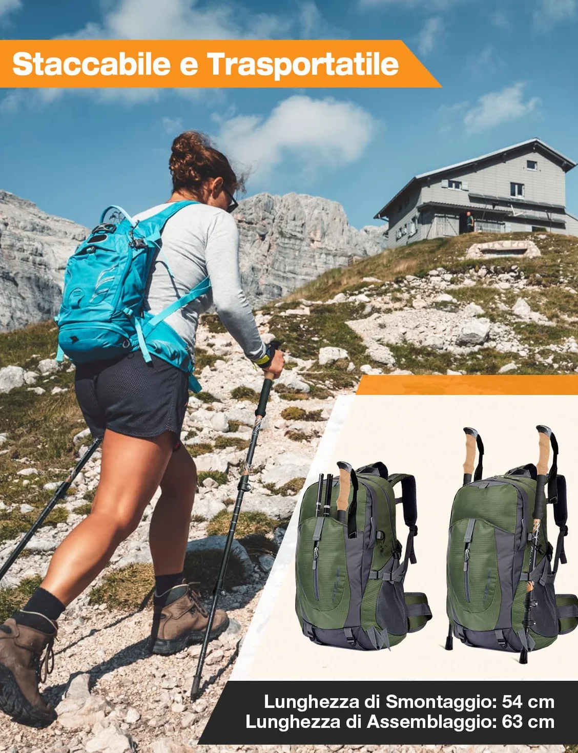 Bastoncini Da Trekking 3 Sezioni in Fibra Di Carbonio Ultraleggero Telescopico 65-135cm Con Sistema Di Blocco Rapido E Impugnatura in Sughero