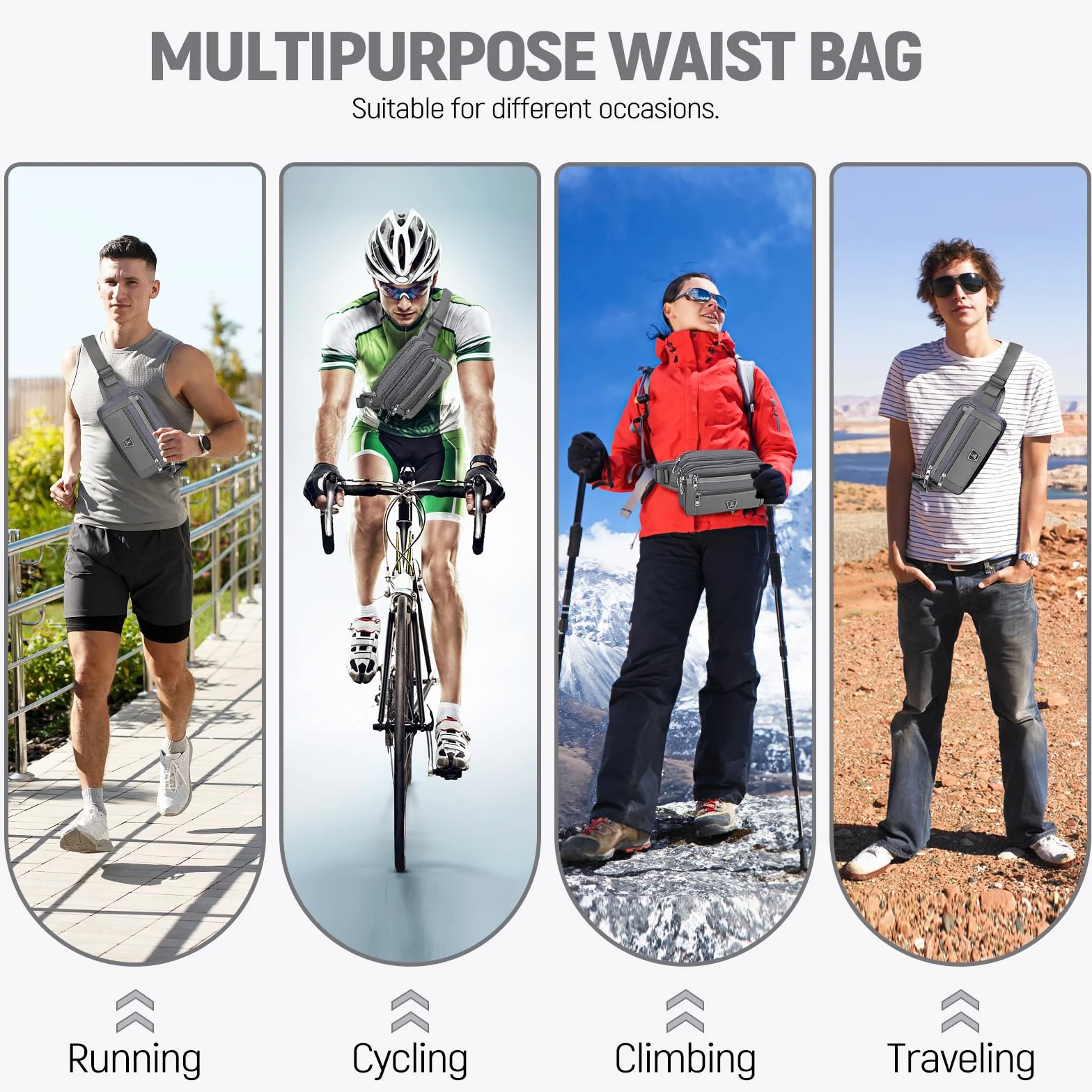 Marsupio Sportivo Uomo Donna con Tracolla Regolabile 7 Zip Tasche Corsa Ciclismo Grigio