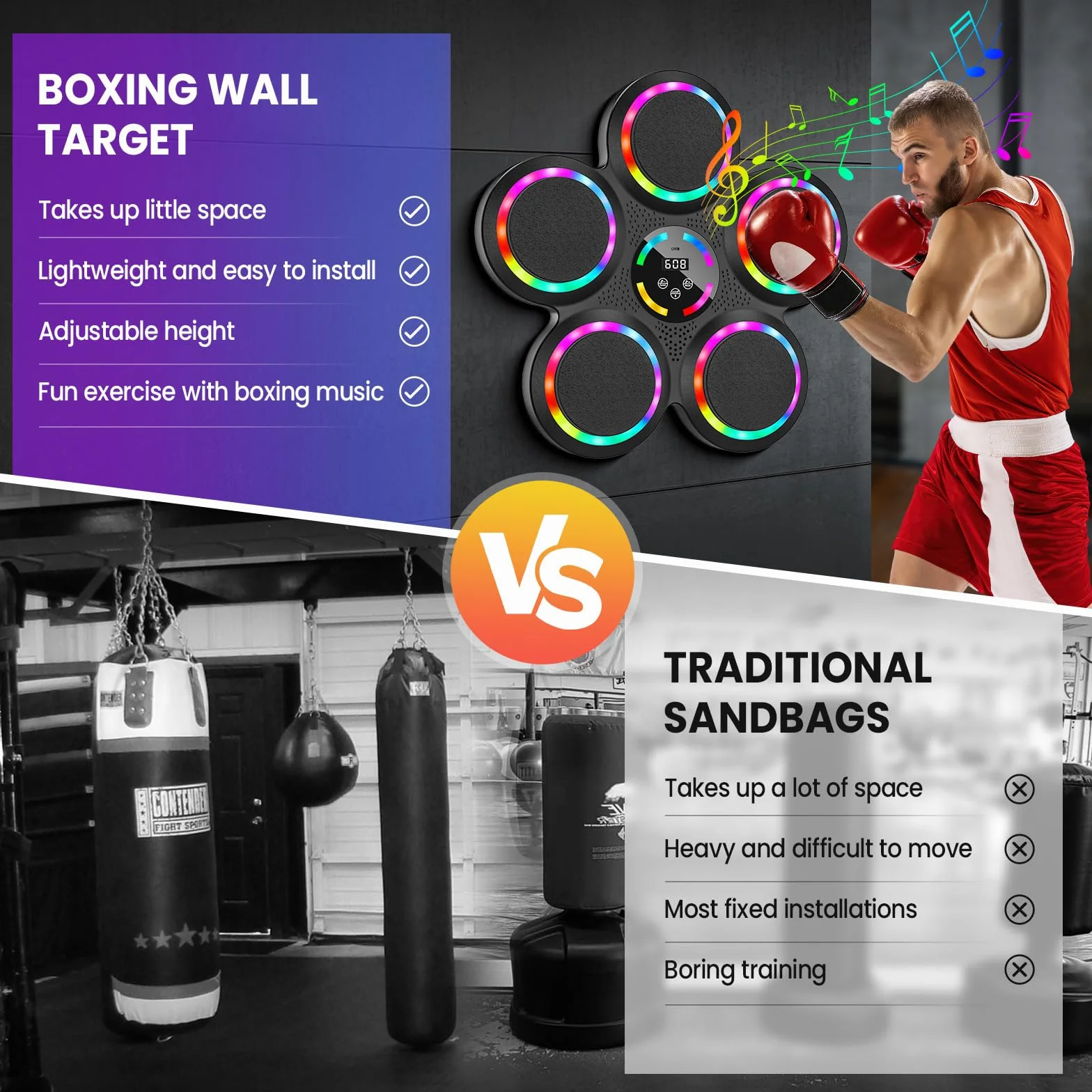 IERAKOR Music Boxing Machine, Macchina da Boxe Musicale, 2 Paia di Guantoni | Tira Pugni da Muro Musica, Bluetooth, 9 Velocità e Modalità, Contatore di Punti, Sport da Casa Antistress, Adulti Bambini