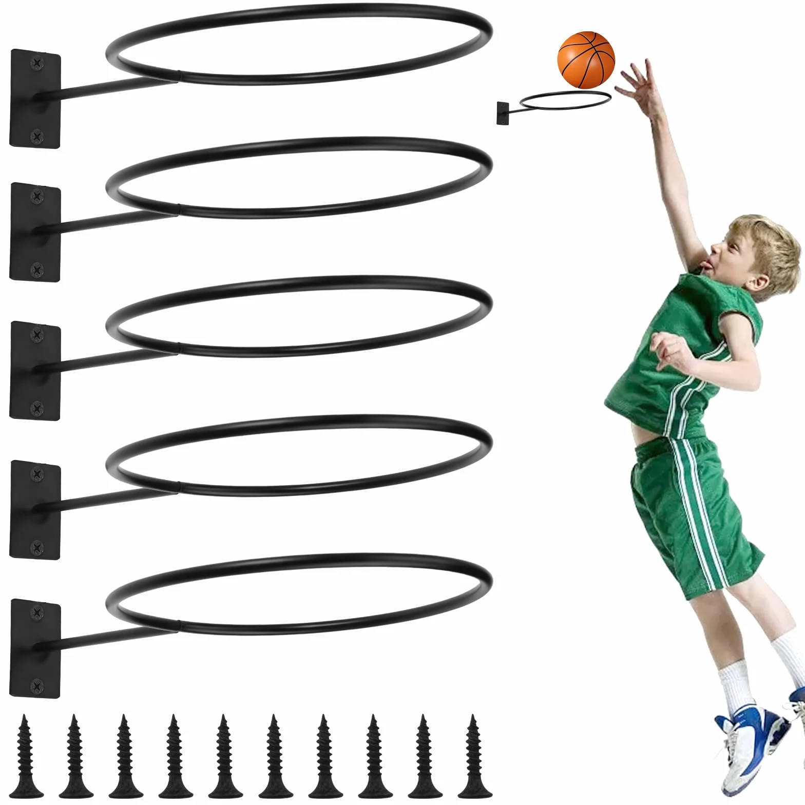 Supporti da Parete per Pallacanestro in Metallo, Porta Palloni da Muro, 5 Pezzi