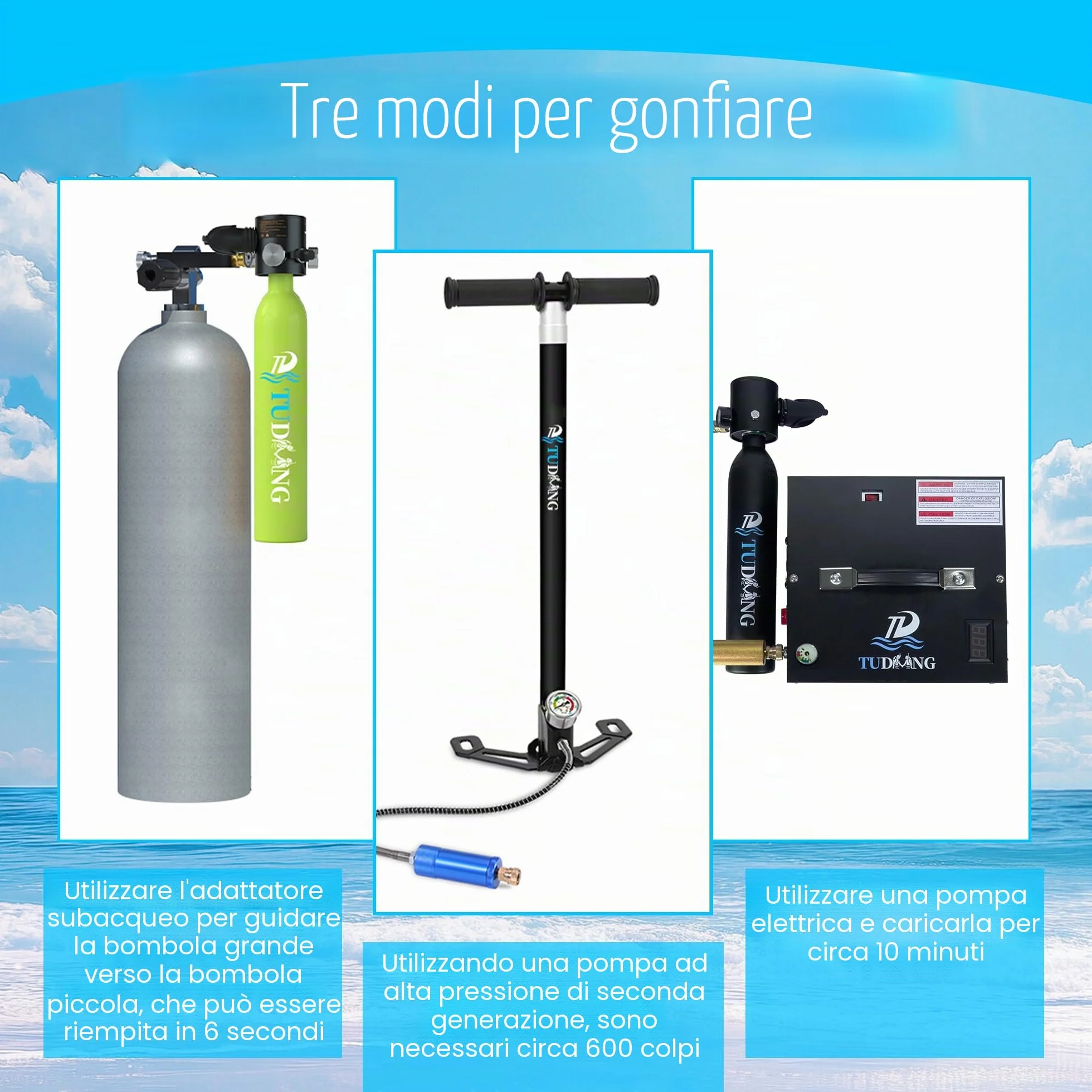 Bombola per immersioni subacquee 0.5L TUDIVING, mini ossigeno con maschera snorkeling, kit portatile