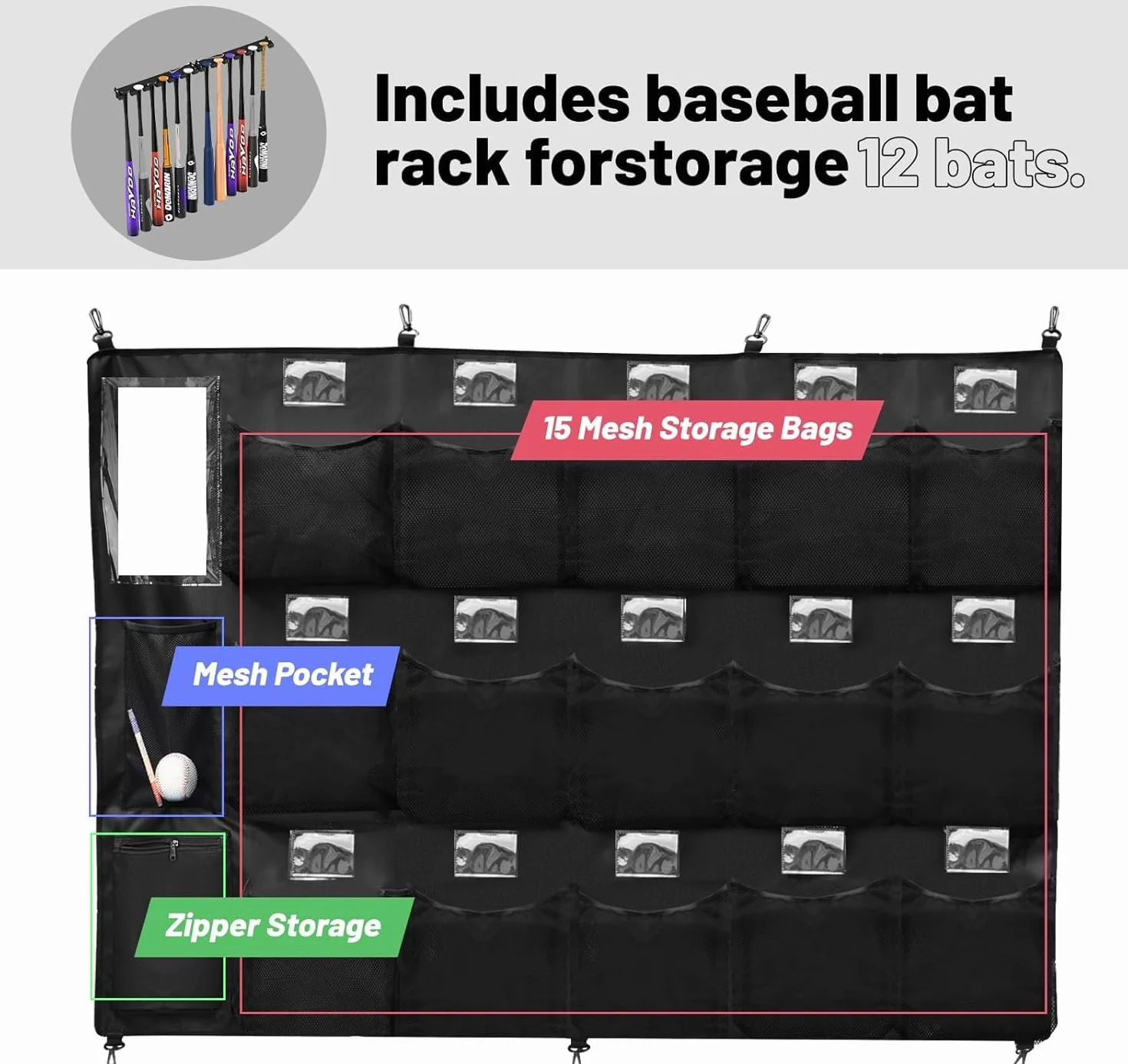 BOOSTEADY Set Completo Organizzatore per Caschi da Baseball con Rastrelliera per Mazze, Borsa di Trasporto e Targhette Nome, Sistema di Stoccaggio Pratico per l'Attrezzatura da Squadra