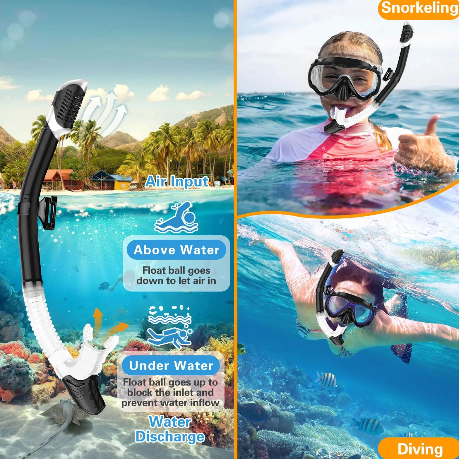 Maschera Snorkeling Panoramica 180° Anti-Nebbia Subacquea Adulti con Boccaglio Nero