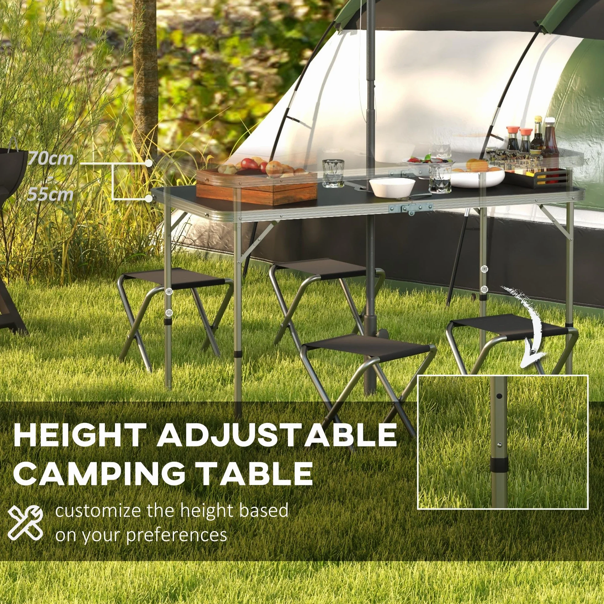 Outsunny 5-Piece Camping Set Tavolo da campeggio pieghevole con sedie regolabile in altezza 120x60x55-70 cm Nero
