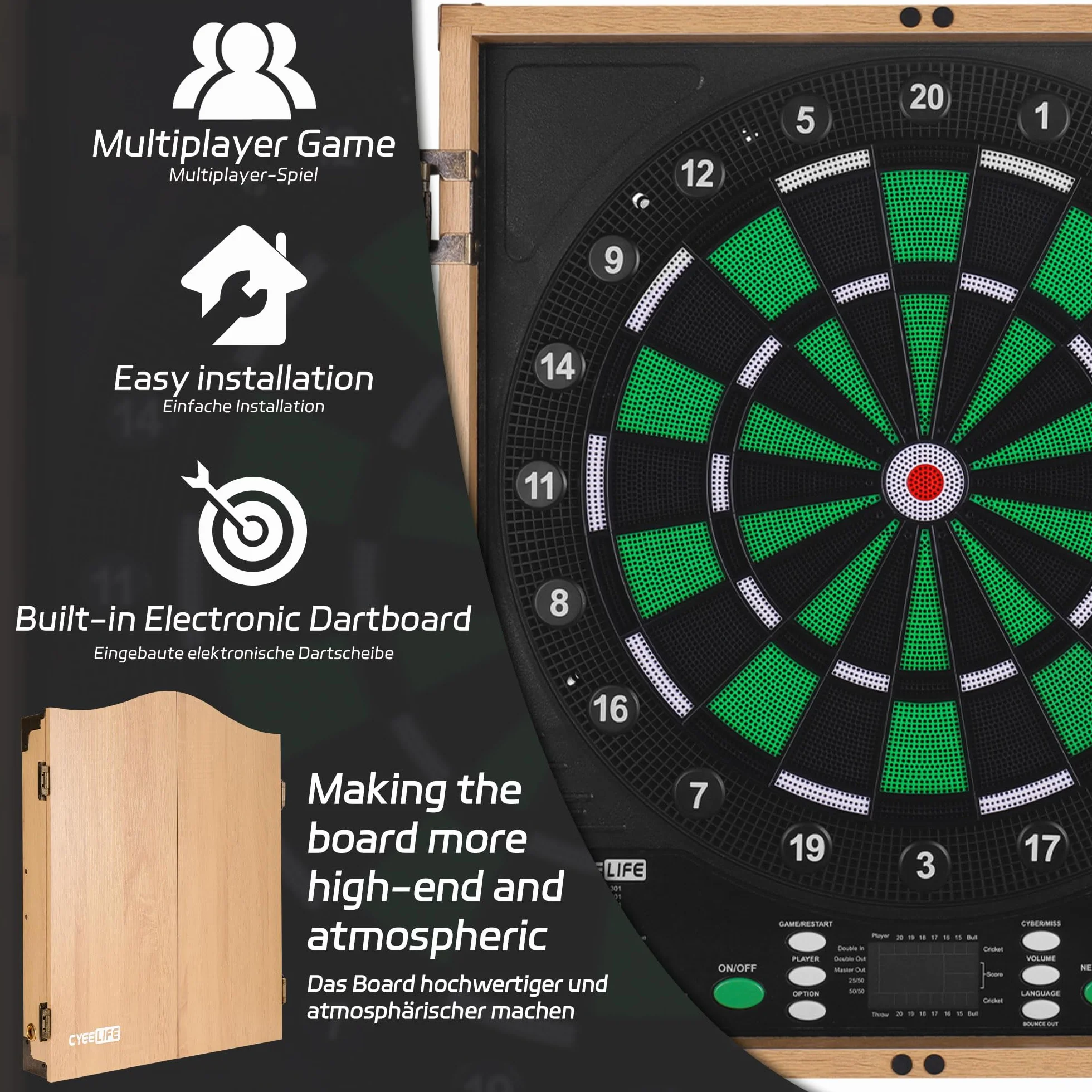 CyeeLife Bersaglio Elettronico per Freccette con Antine, Tavolo da Freccette con Computer, 12 Freccette Soft, 34 Giochi & 355 Varianti, 8 Giocatori
