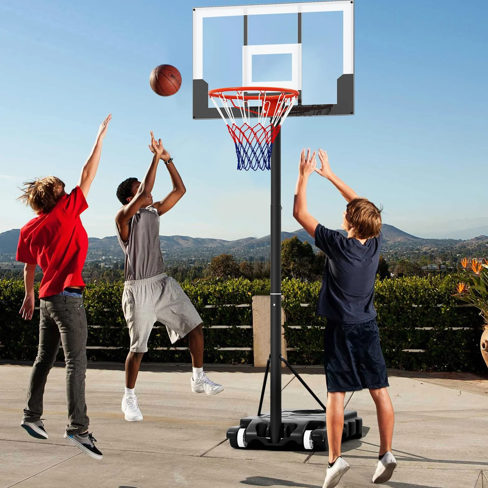 COSTWAY Canestro da Basket Regolabile 100-212 cm, Portatile con Tabellone in PC, Base Riempibile e Ruote