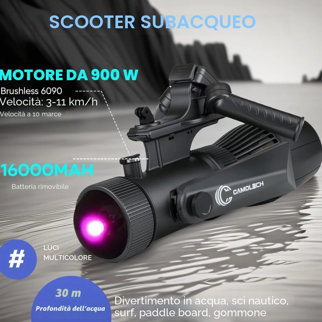 Camolech Pinna elettrica 900 W SUP scooter subacqueo 2,8 m/s telecomando 130 minuti autonomia motore kayak