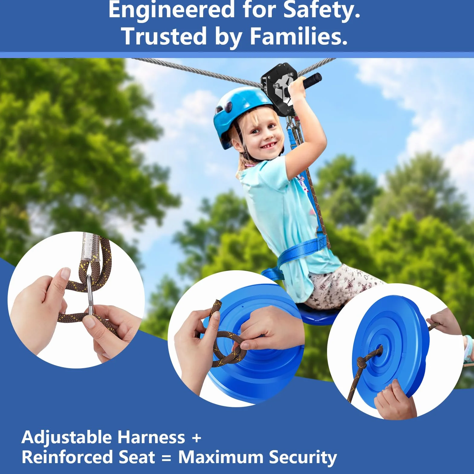 Kit Zip Line 48,8 m per bambini e adulti 172,4 kg - Carrello rimovibile con leone, freno a molla 2 m, protezioni per alberi