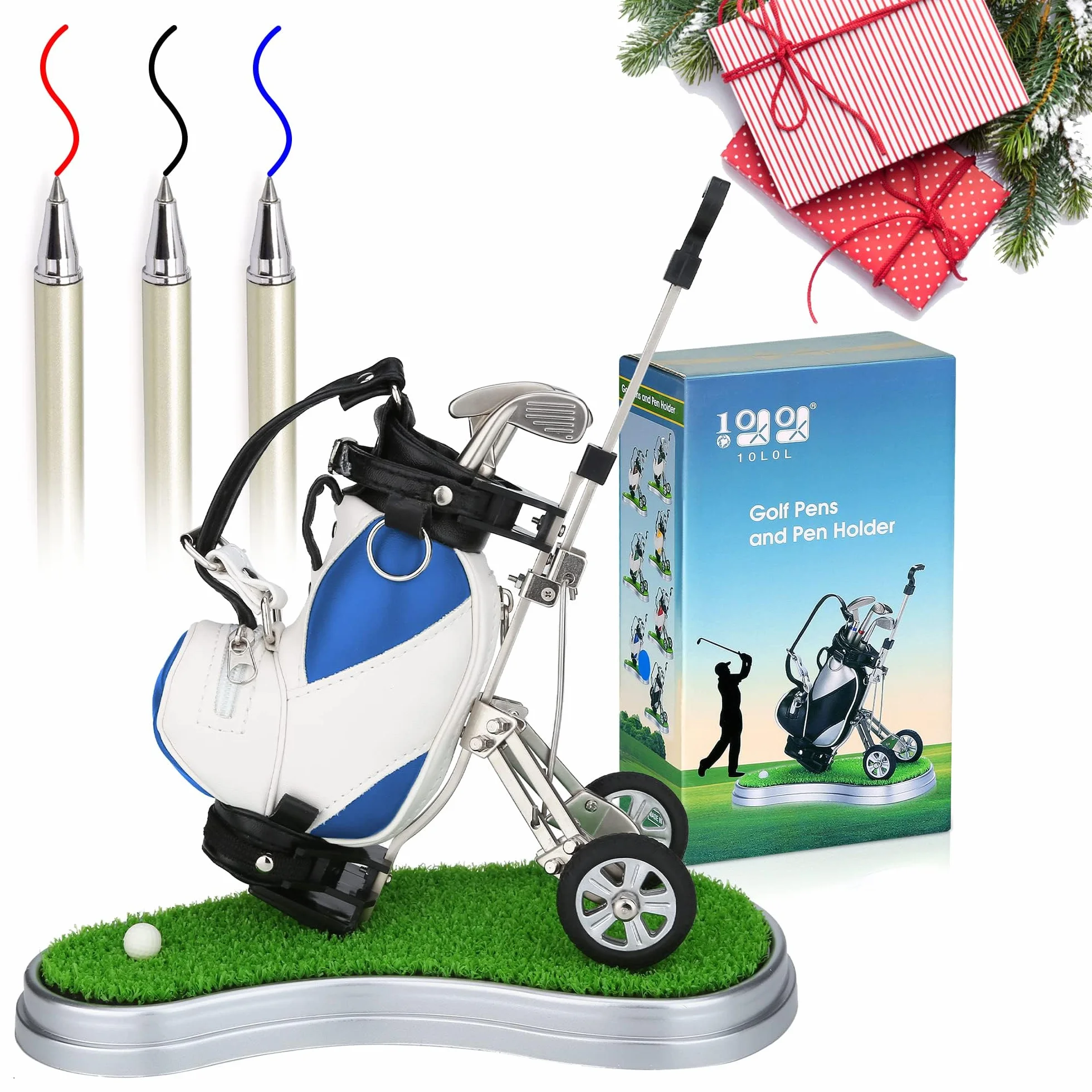 Porta Penne da Golf 3 Pezzi - Set Desk Decor - Regali Souvenir Uomini - Blu Bianco