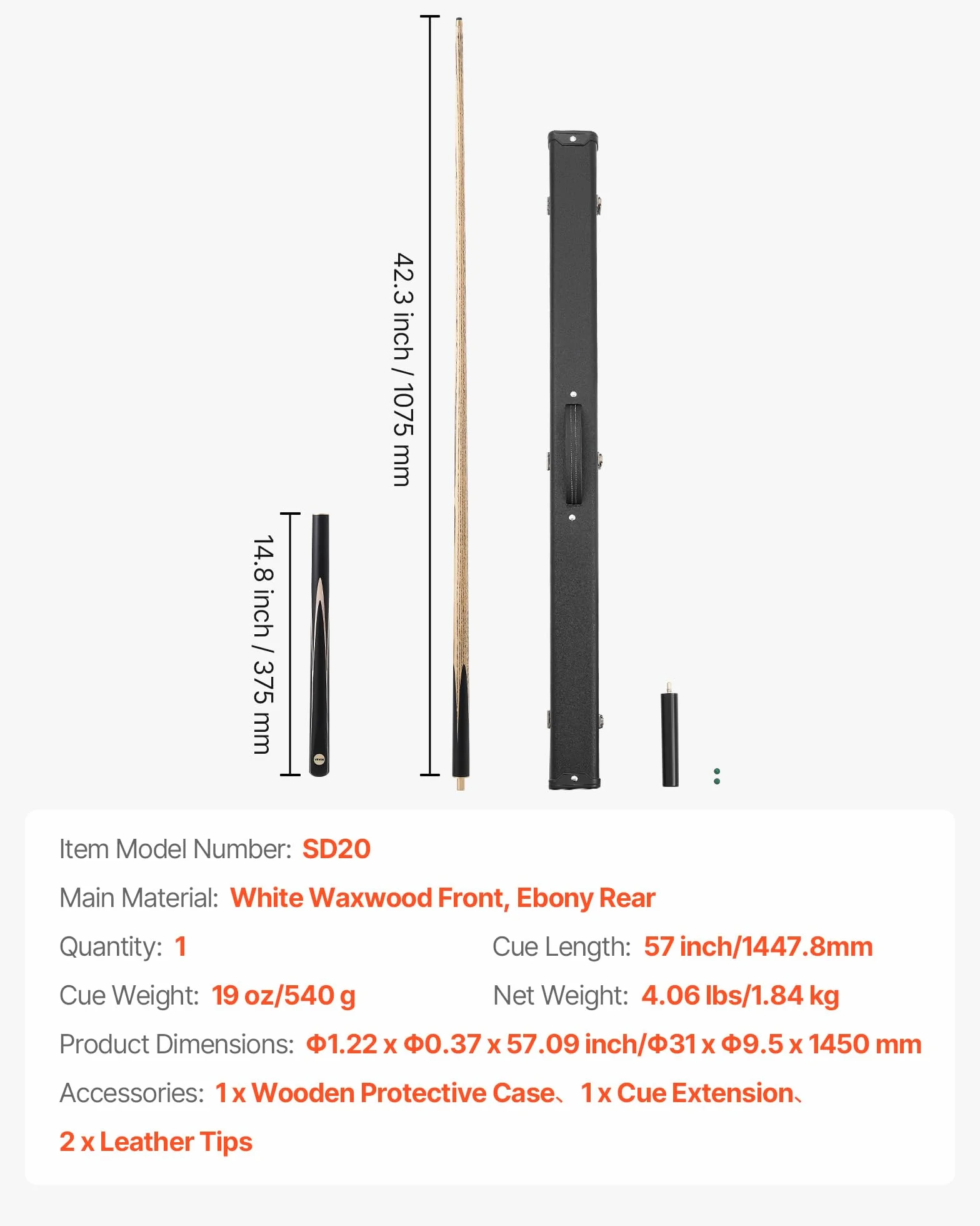 VEVOR Stecca da Biliardo Snodata 1447,8 mm Asta Prolunga Punta Pelle 540 g Custodia Legno