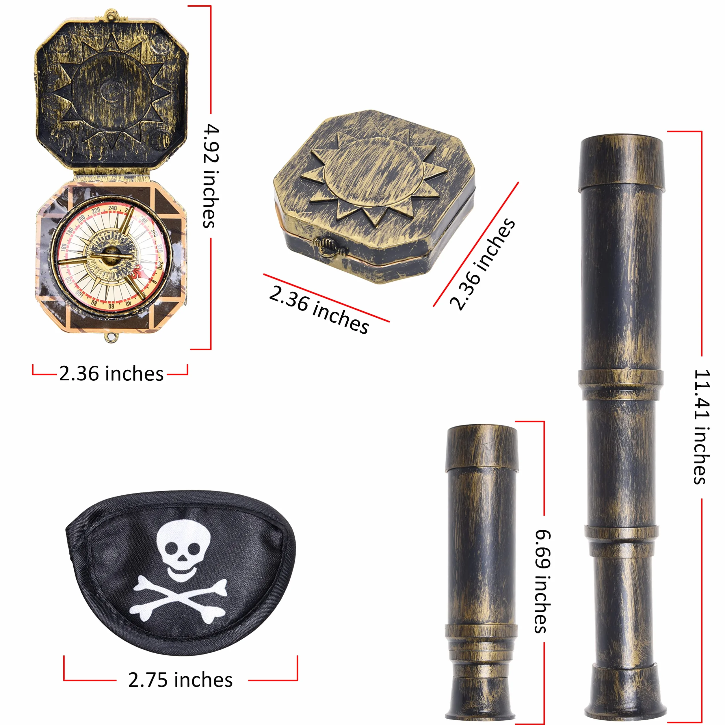 Pirata Cannocchiale Telescopio e Bussola di Scena con Benda sull'Occhio - Accessori per Feste Vintage